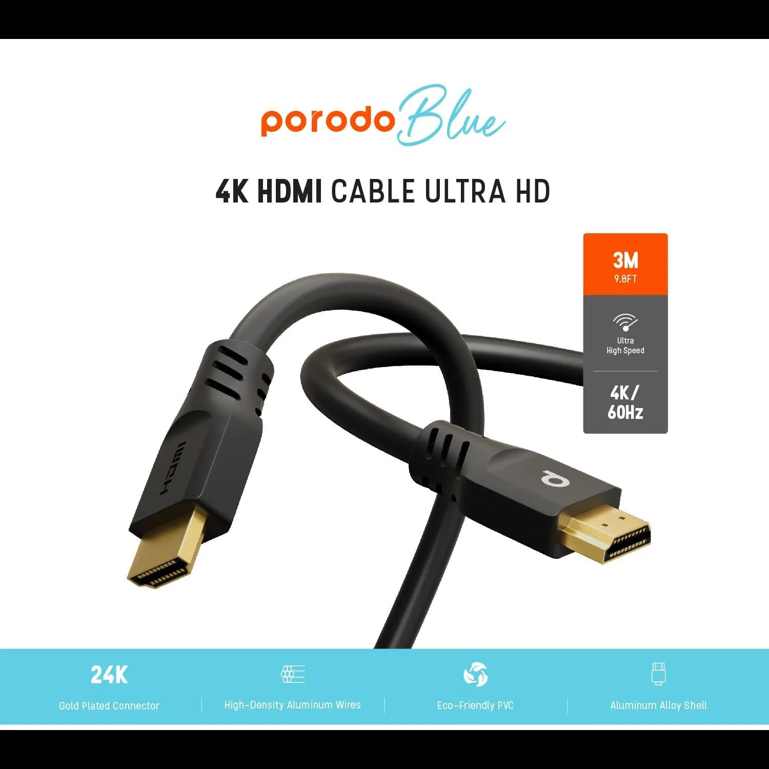 Porodo HDMI Cable - 4K/60Hz Ultra HD, 2m, Black 2