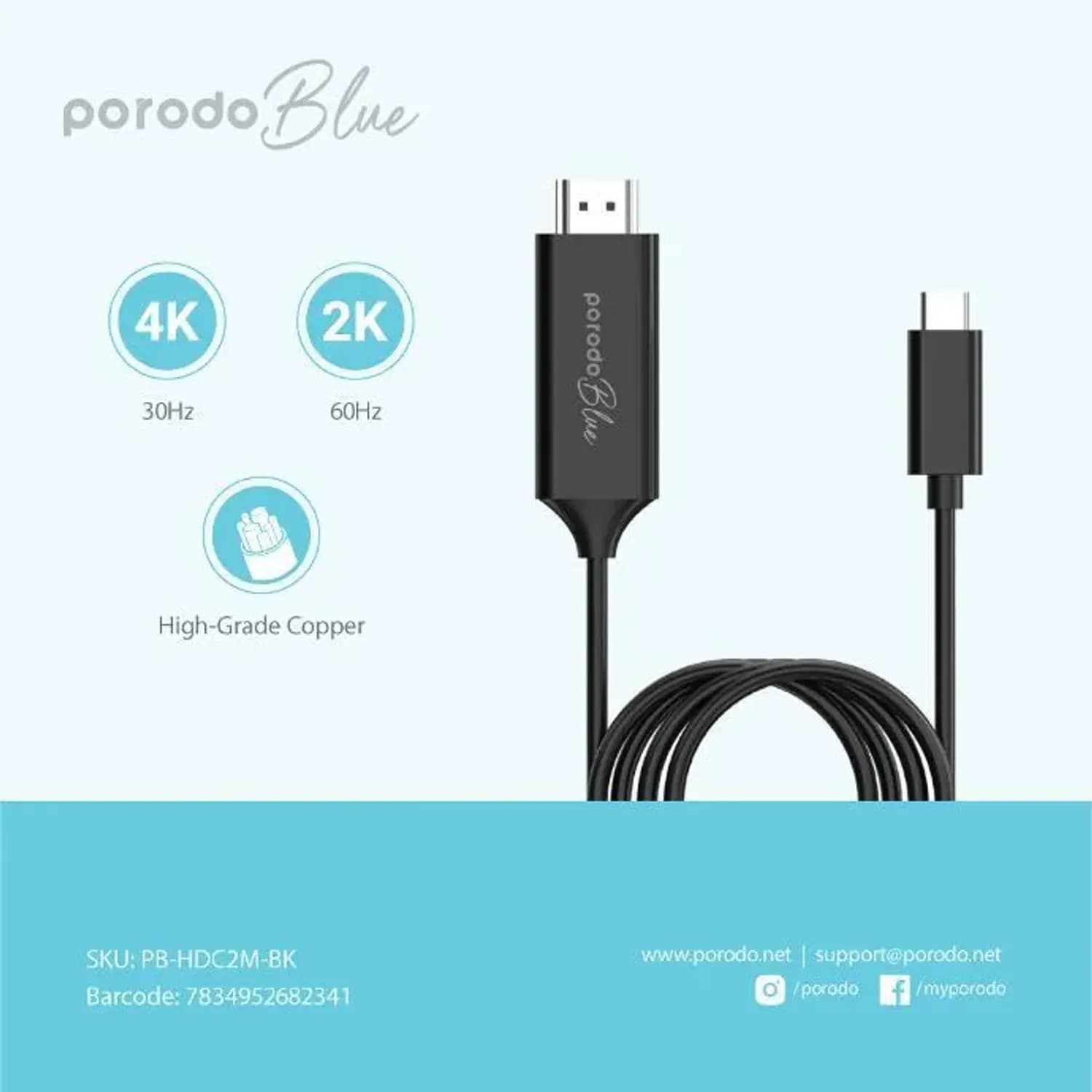 Porodo Type-C to HDMI Cable - 2M, 4K, Black 4