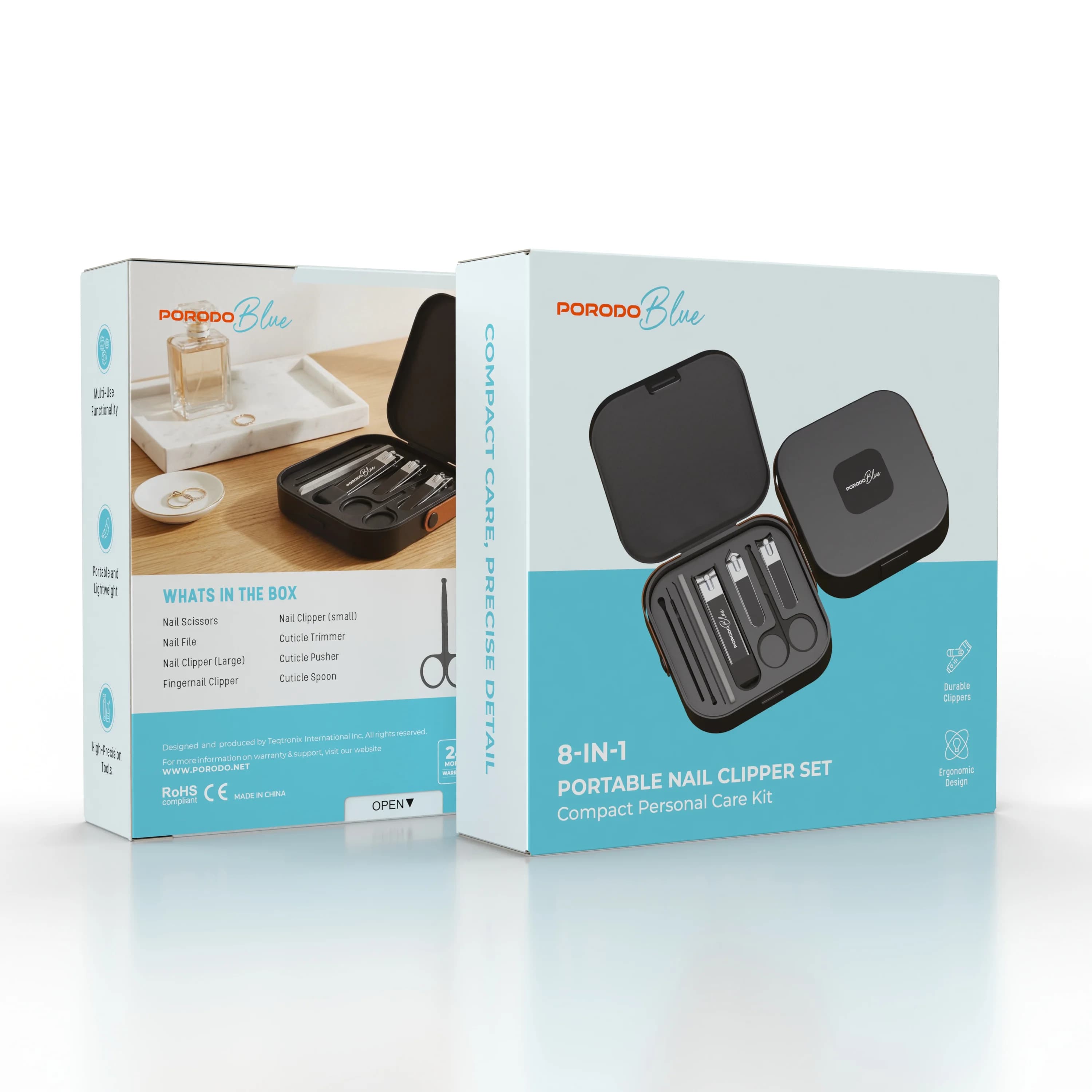 Porodo 8-in-1 Pocket-Size Nail Clipper Set, PB10GN - Black