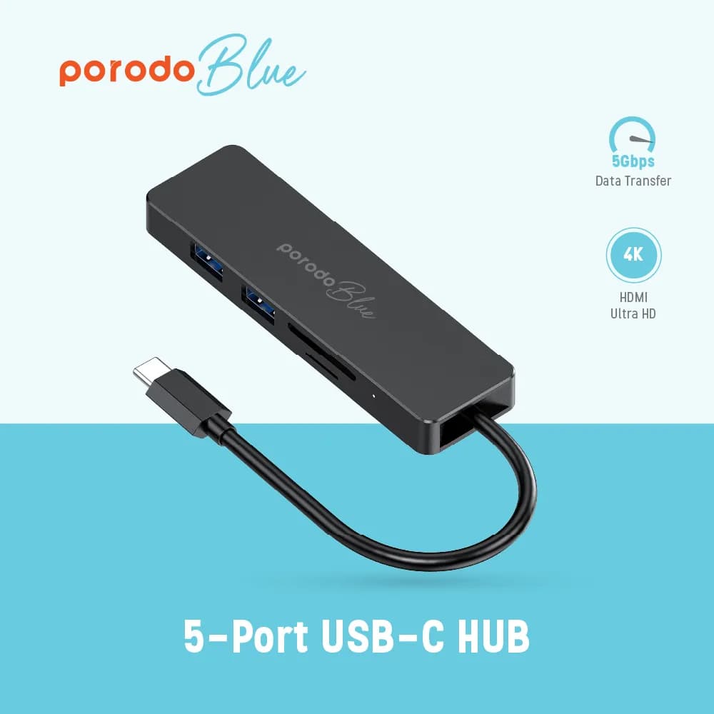 Porodo Blue 5-in-1 USB-C Hub with HDMI, USB, SD, MicroSD 2