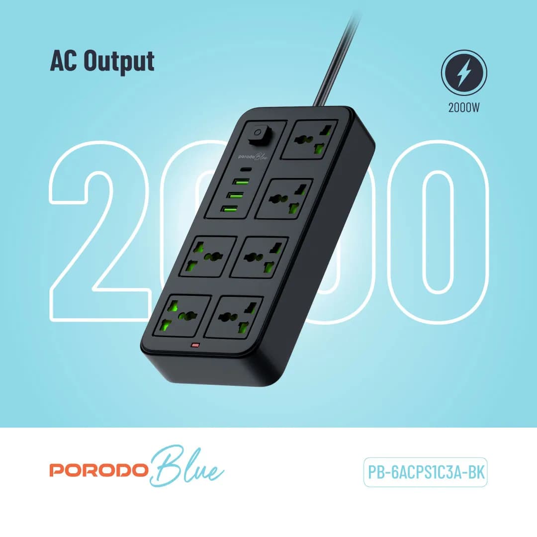 Porodo Power Strip PB6ACPS1C3ABK - 6 Sockets, 3 USB-A & 1 USB-C, Black 1 Porodo Power Strip PB6ACPS1C3ABK - 6 Sockets, 3 USB-A & 1 USB-C, Black 1
