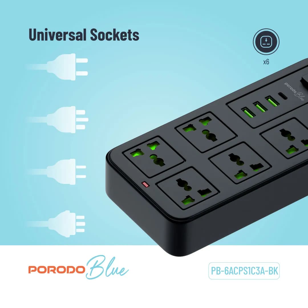 Porodo Power Strip PB6ACPS1C3ABK - 6 Sockets, 3 USB-A & 1 USB-C, Black 2
