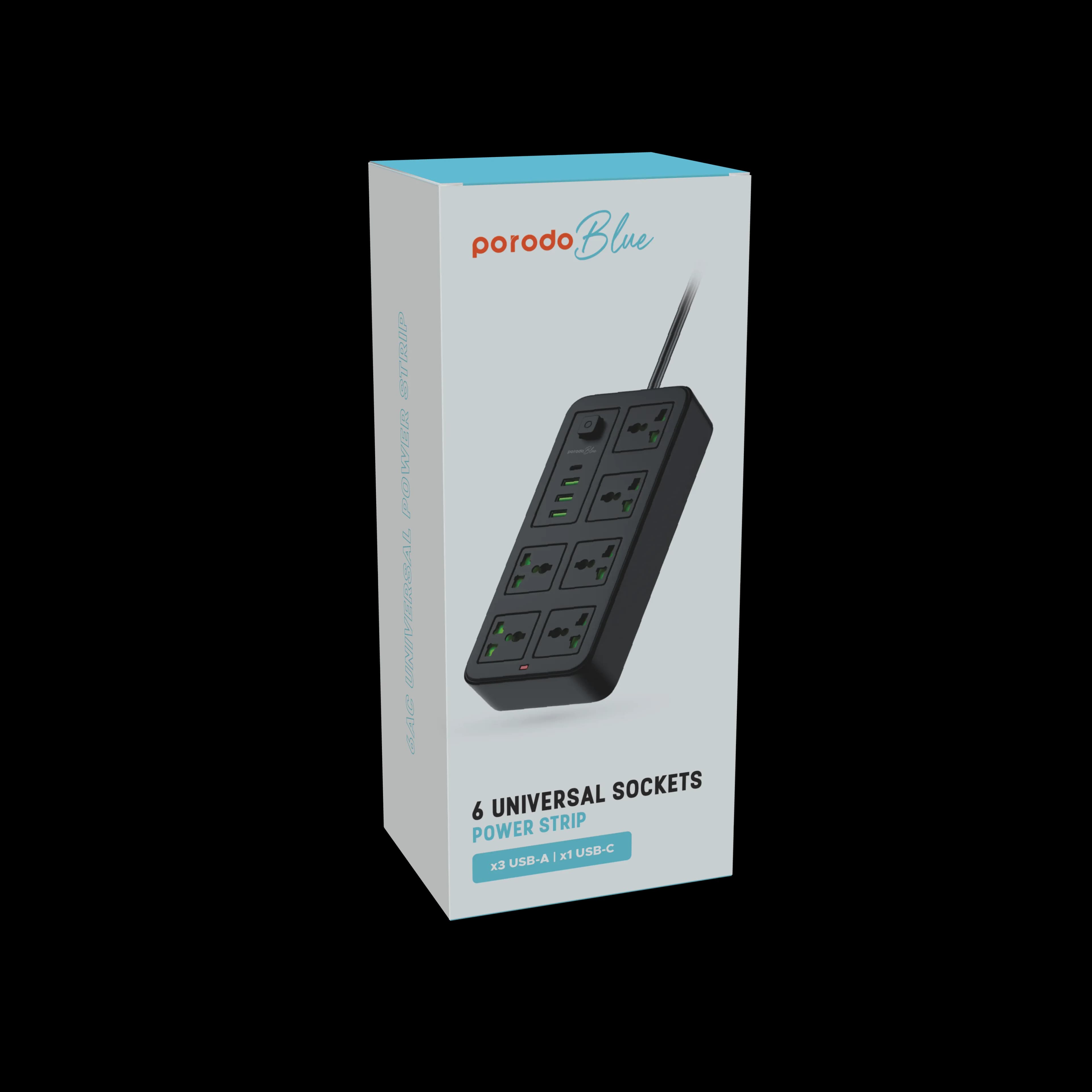 Porodo Power Strip PB6ACPS1C3ABK - 6 Sockets, 3 USB-A & 1 USB-C, Black 3