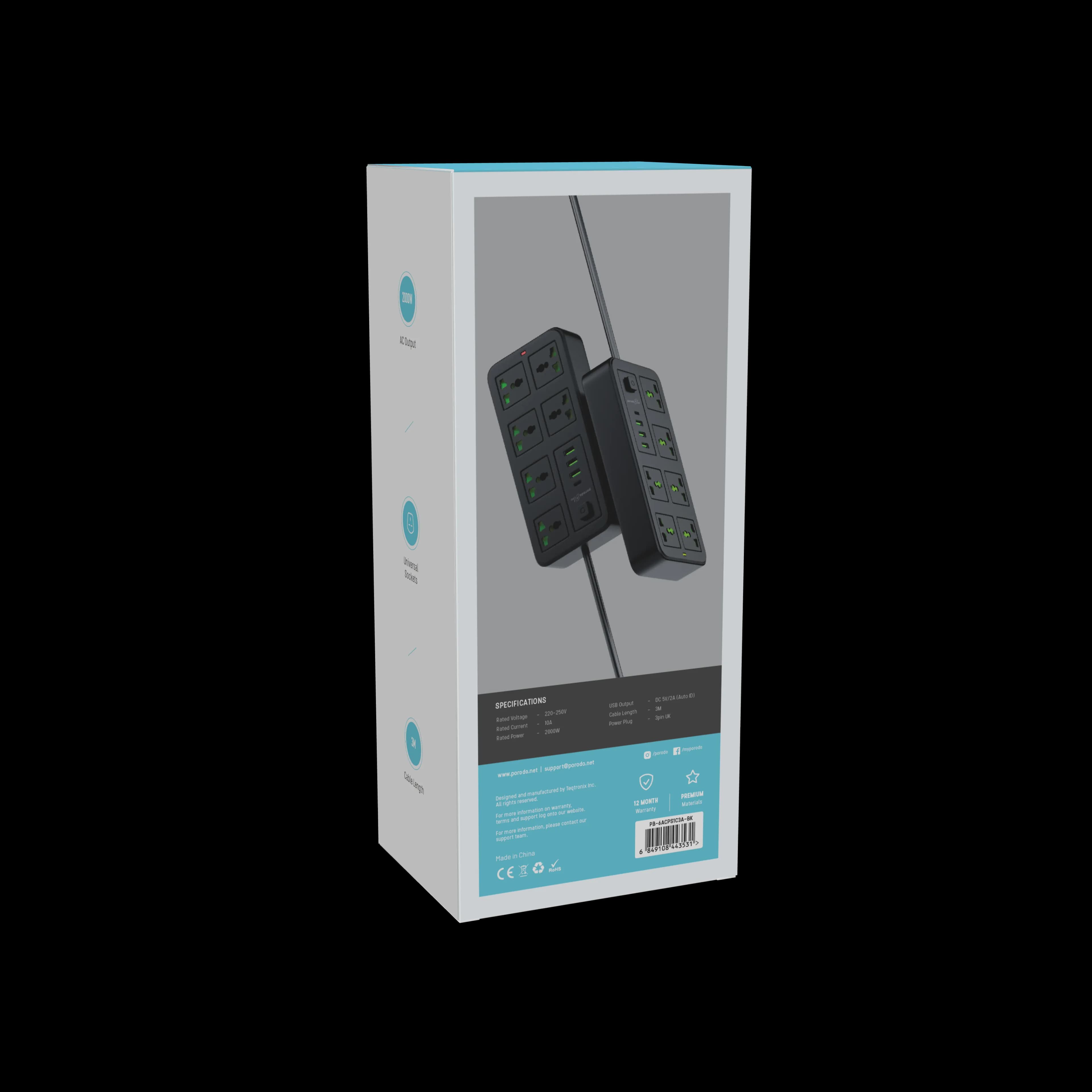 Porodo Power Strip PB6ACPS1C3ABK - 6 Sockets, 3 USB-A & 1 USB-C, Black 4