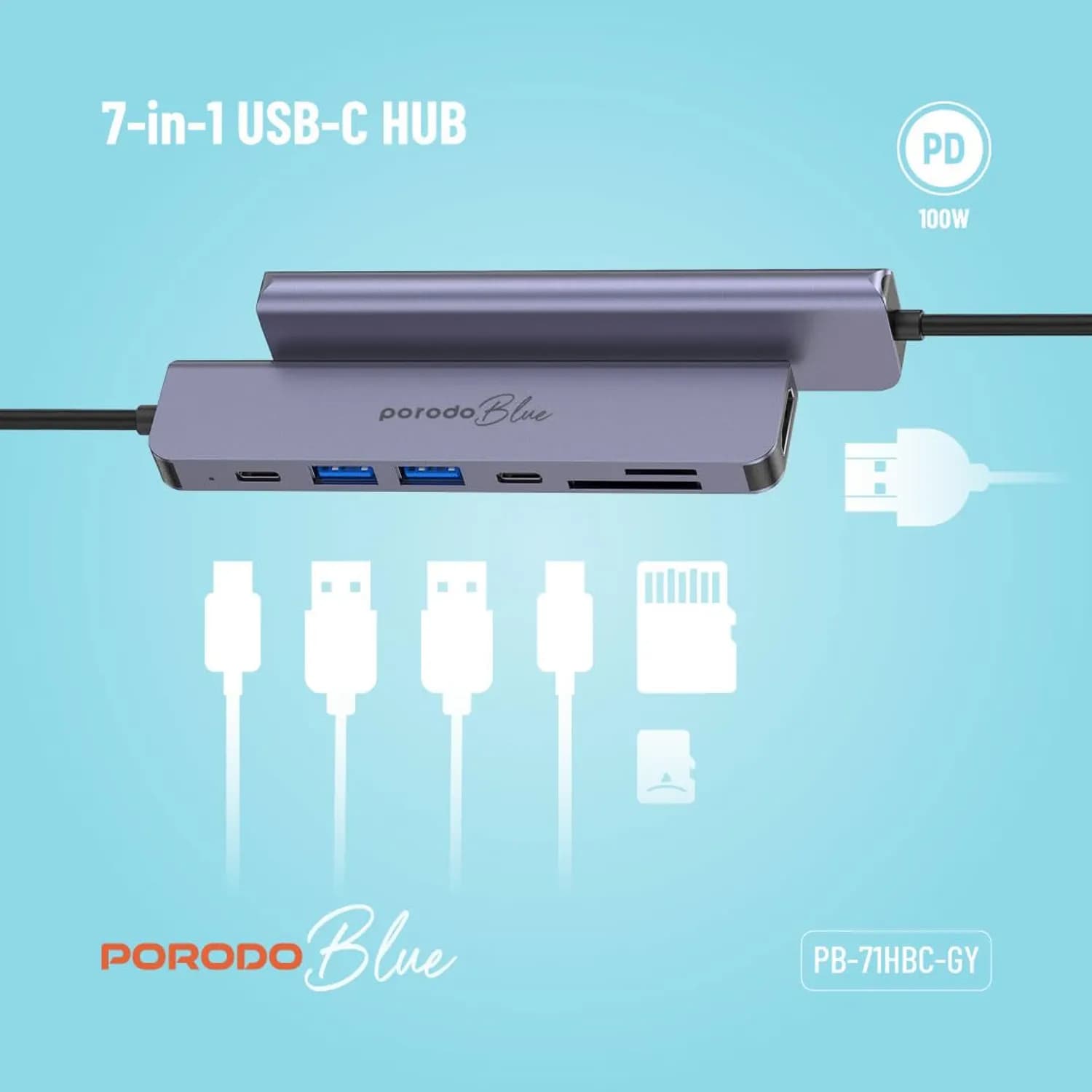 Porodo USB-C Hub - 7 Ports, 4K HDMI, 100W PD, Gray 2