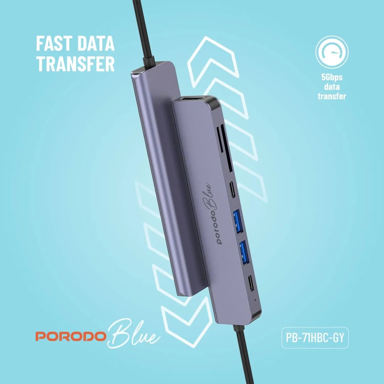 Porodo USB-C Hub - 7 Ports, 4K HDMI, 100W PD, Gray 3