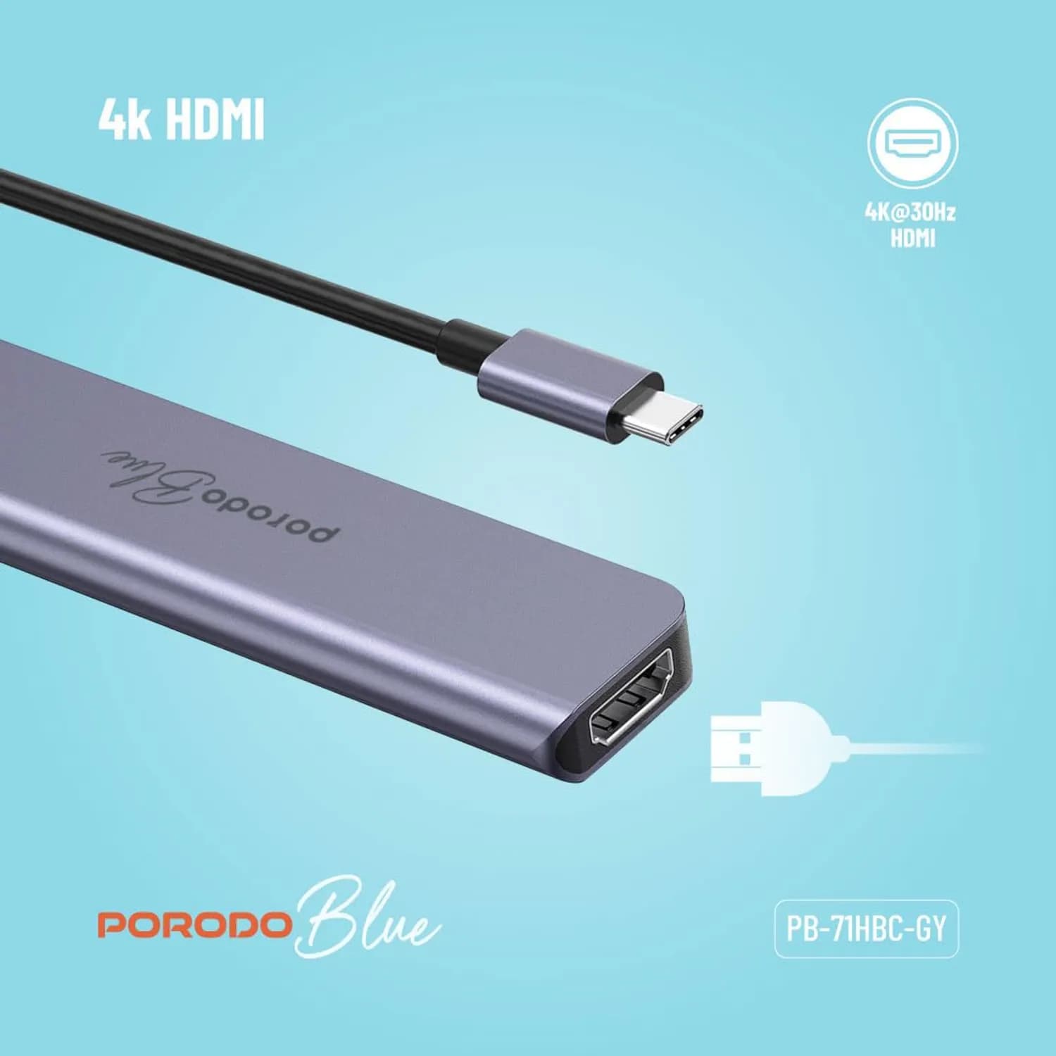 Porodo USB-C Hub - 7 Ports, 4K HDMI, 100W PD, Gray 4