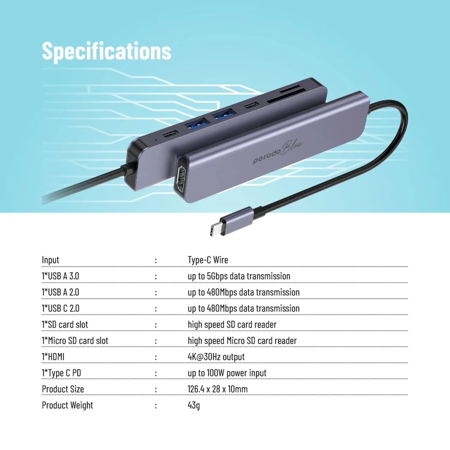 Porodo USB-C Hub - 7 Ports, 4K HDMI, 100W PD, Gray 5