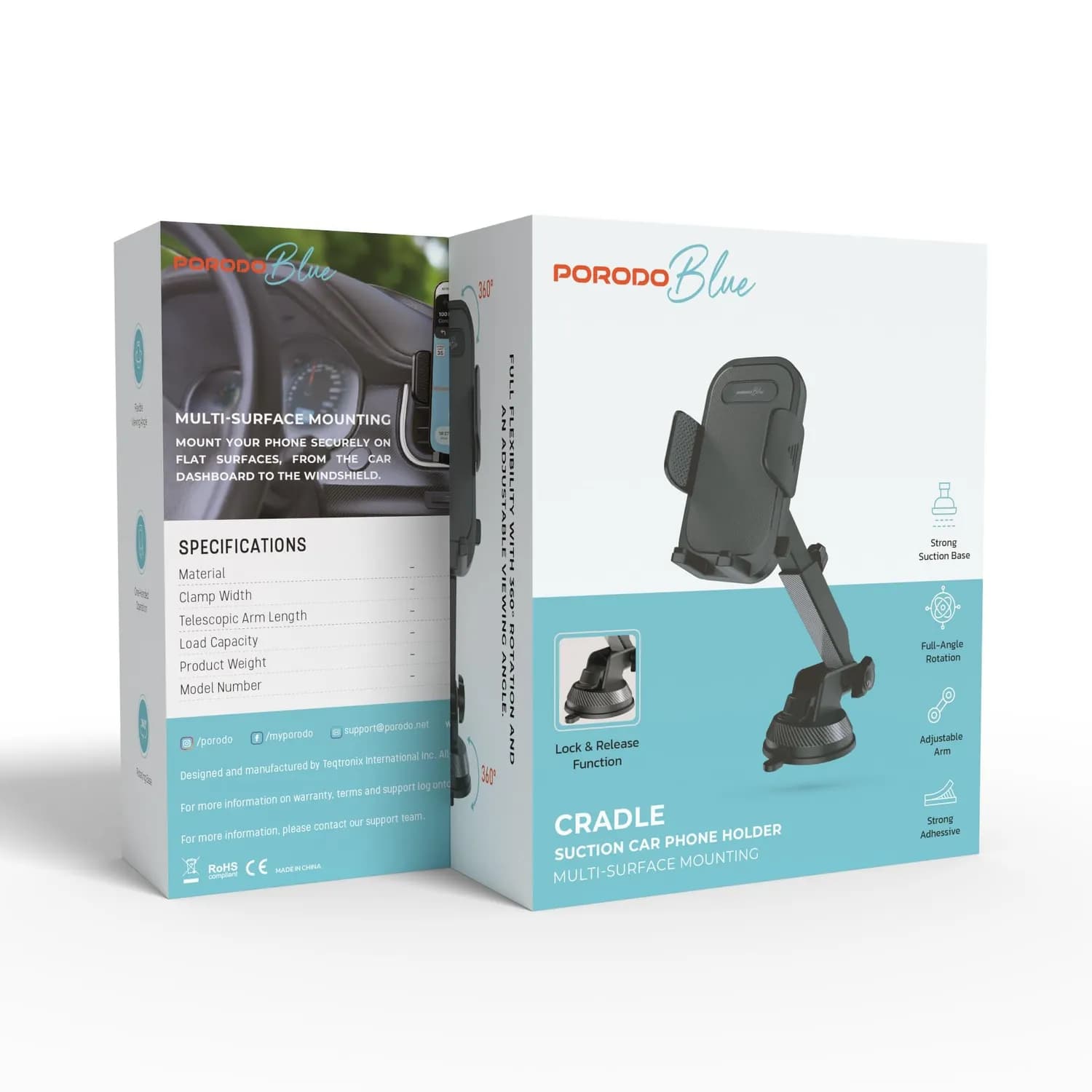 Porodo Car Phone Holder - Strong Suction, 360° Rotation, Black 4
