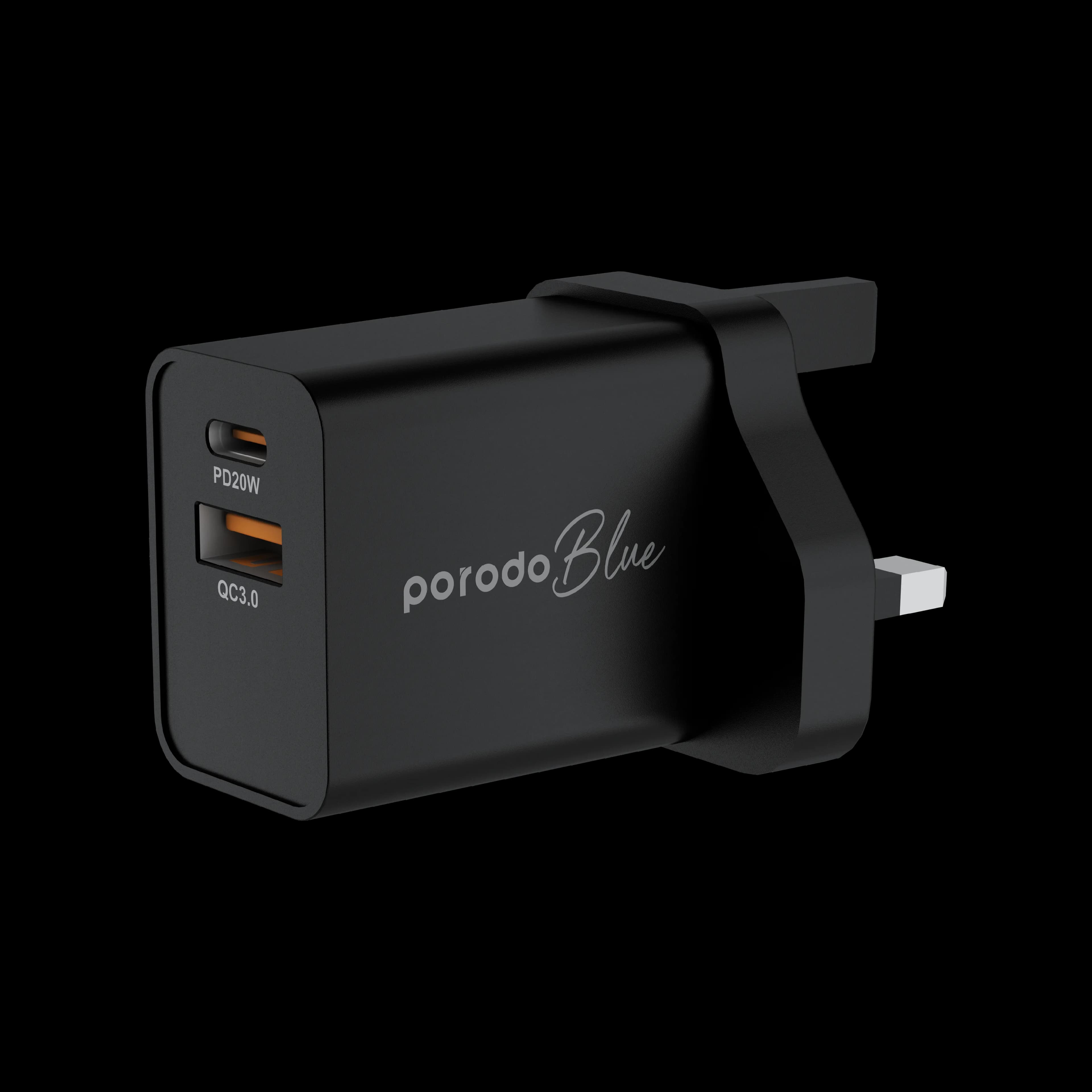 Porodo Blue Dual Port Wall Charger USB-A Quick Charge 3.0 3