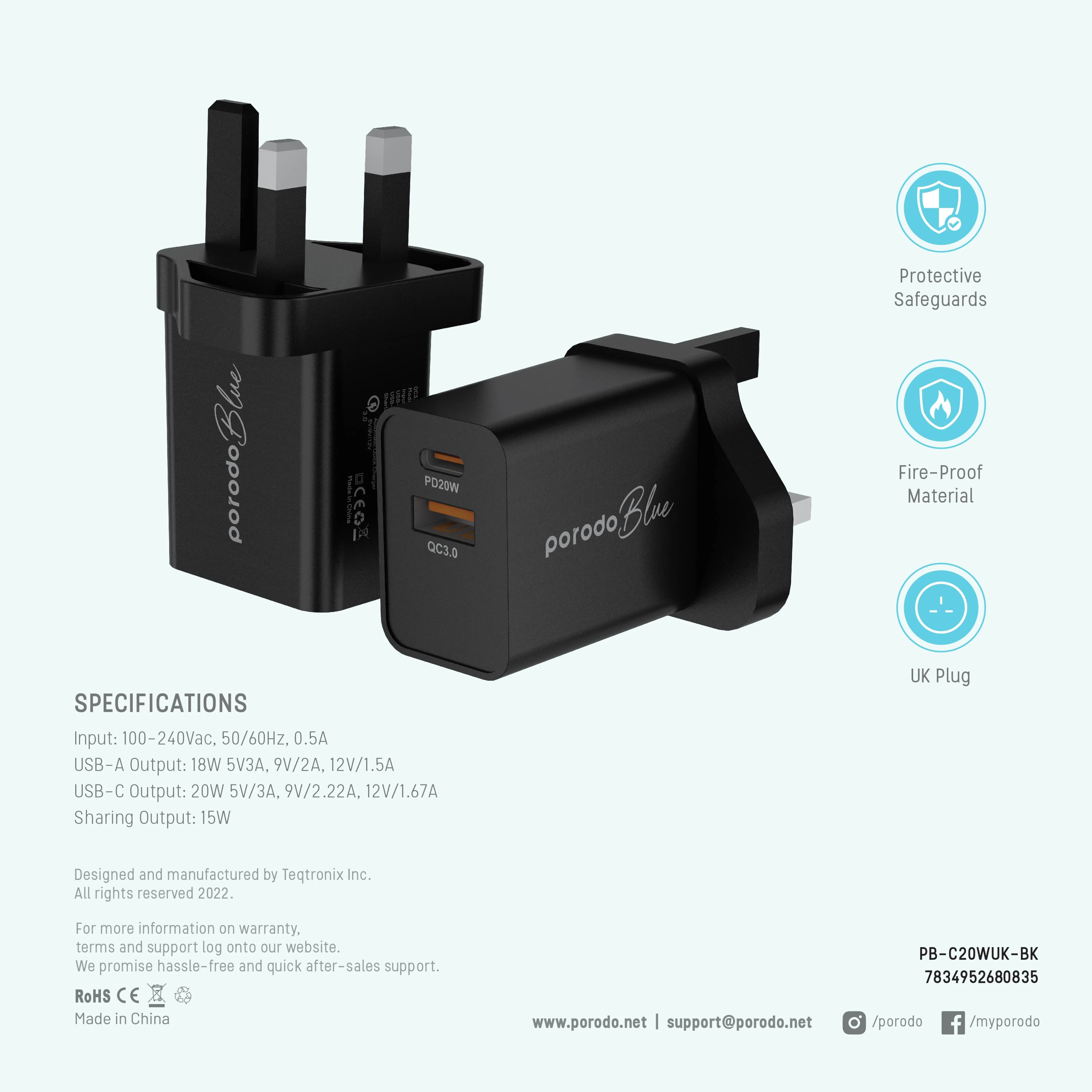 Porodo Blue Dual Port Wall Charger USB-A Quick Charge 3.0 4
