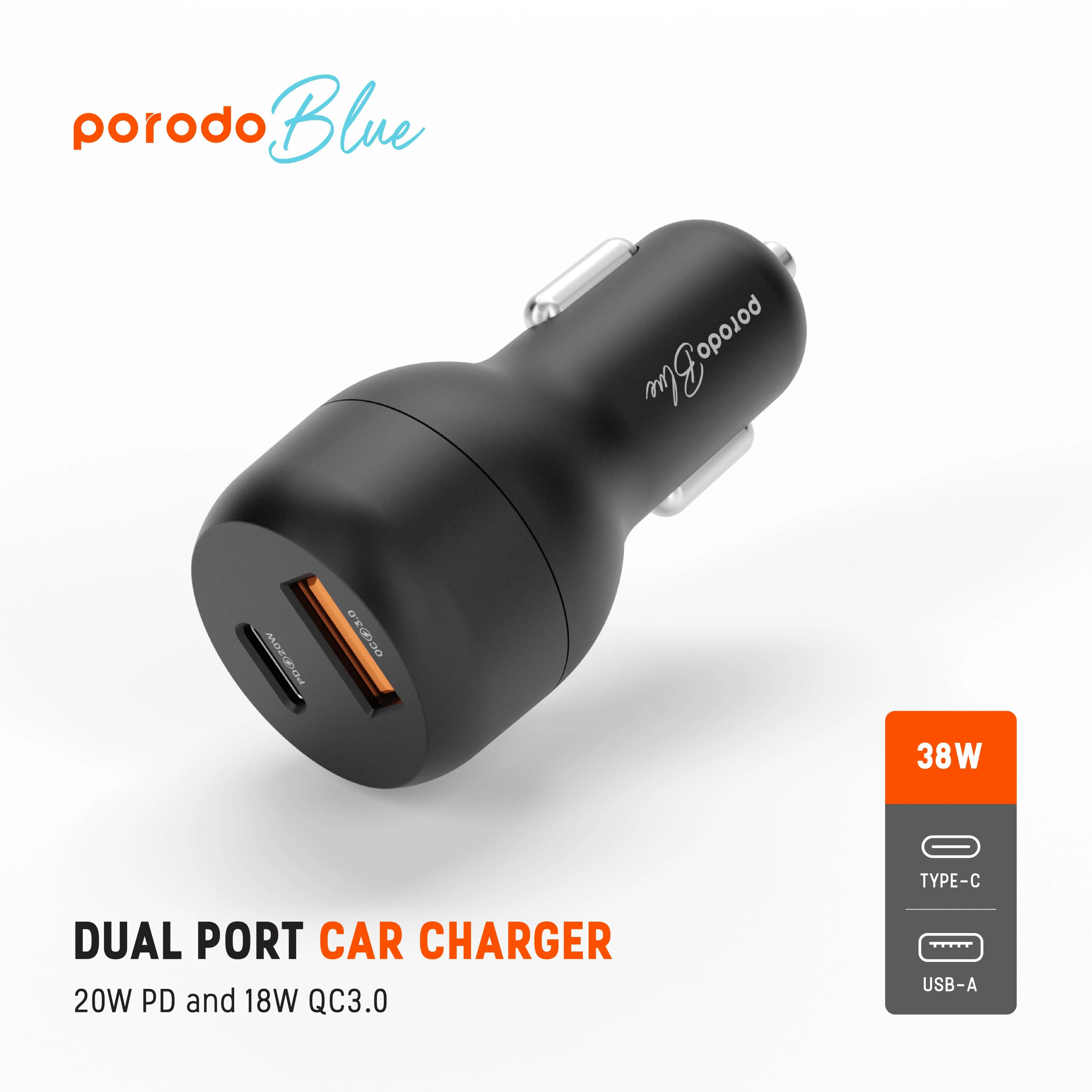 Porodo Blue Car Charger - Dual Port QC3.0 + PD 20W (Black) 4