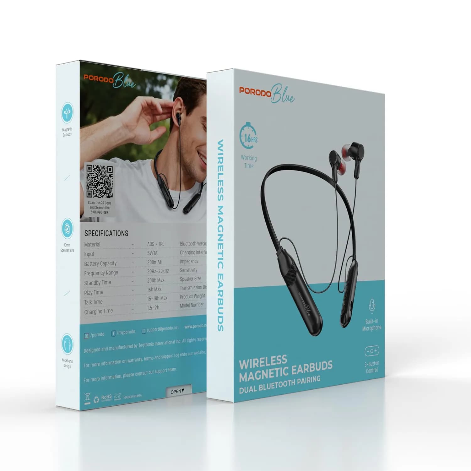 Porodo Wireless Magnetic Earbuds - 16hrs Playtime, Black 3