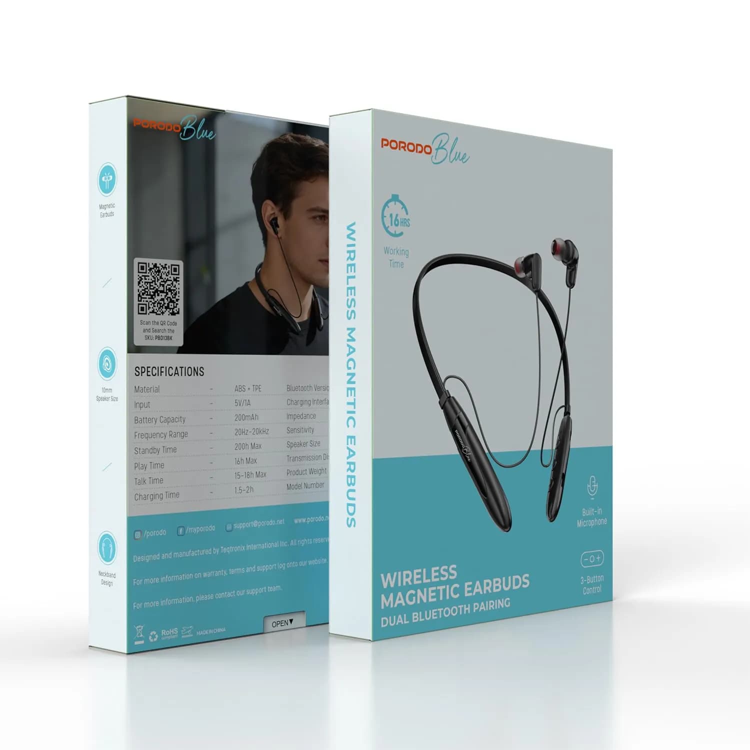 Porodo Wireless Magnetic Earbuds - 16hrs Playtime, Black 3