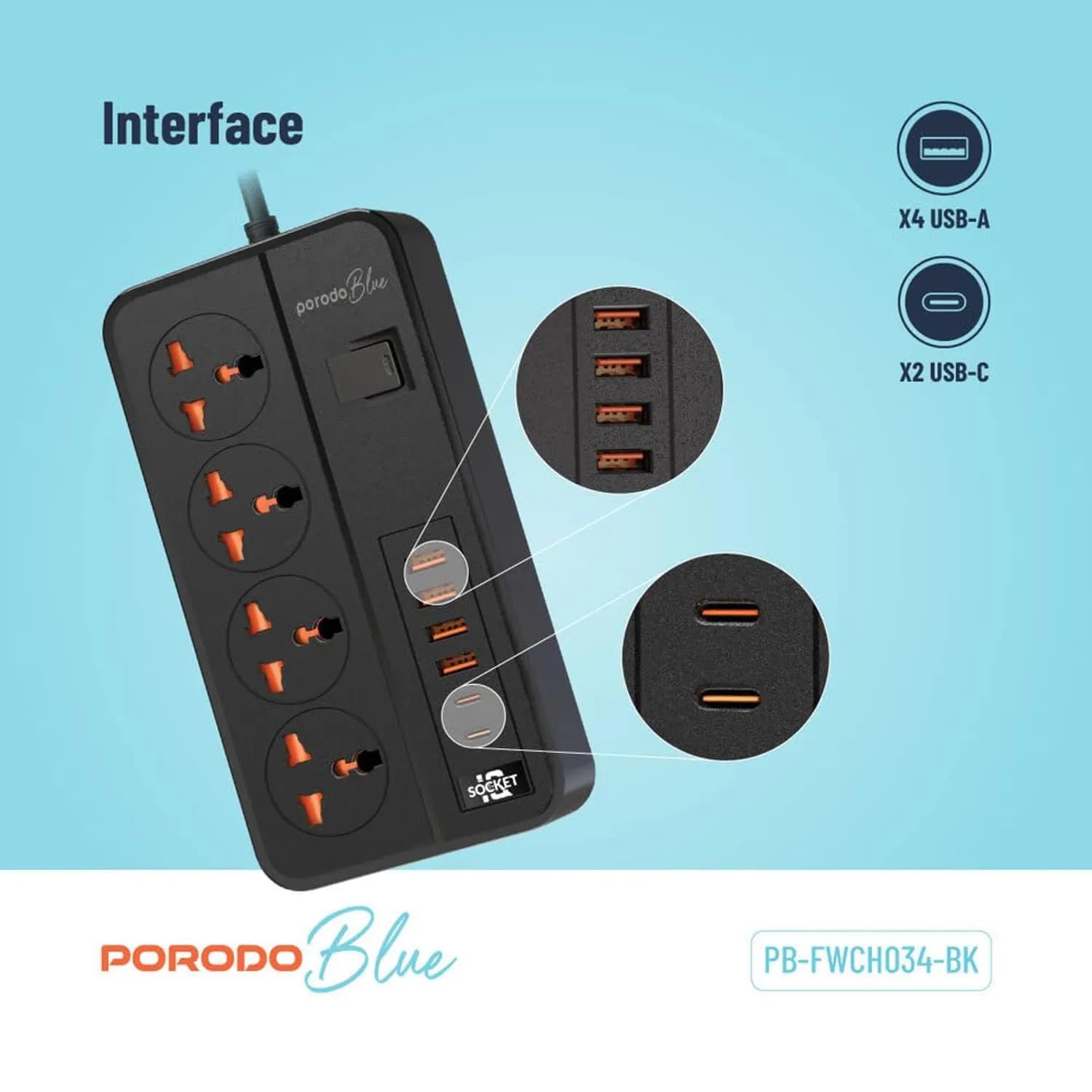 Porodo Power Strip - 12 Outlets, Dual Switch, Black 3