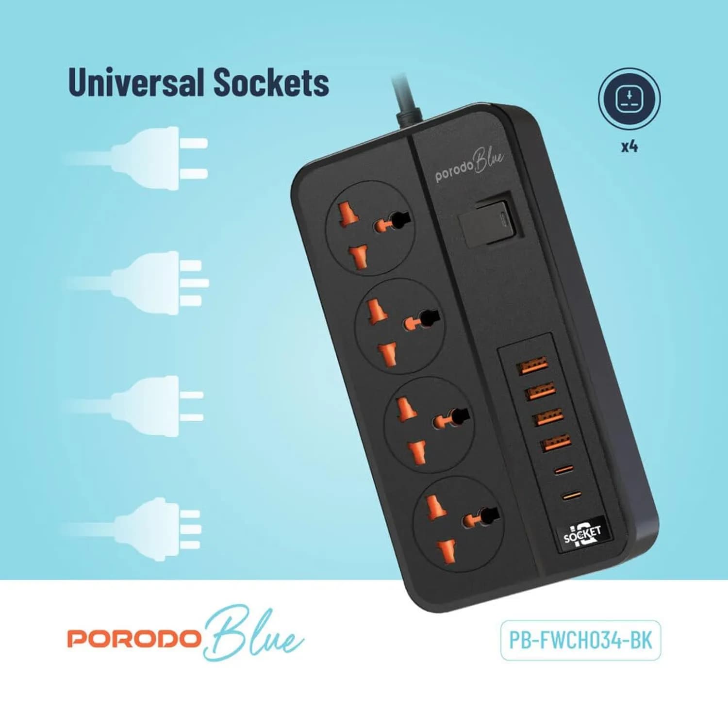 Porodo Power Strip - 12 Outlets, Dual Switch, Black 4