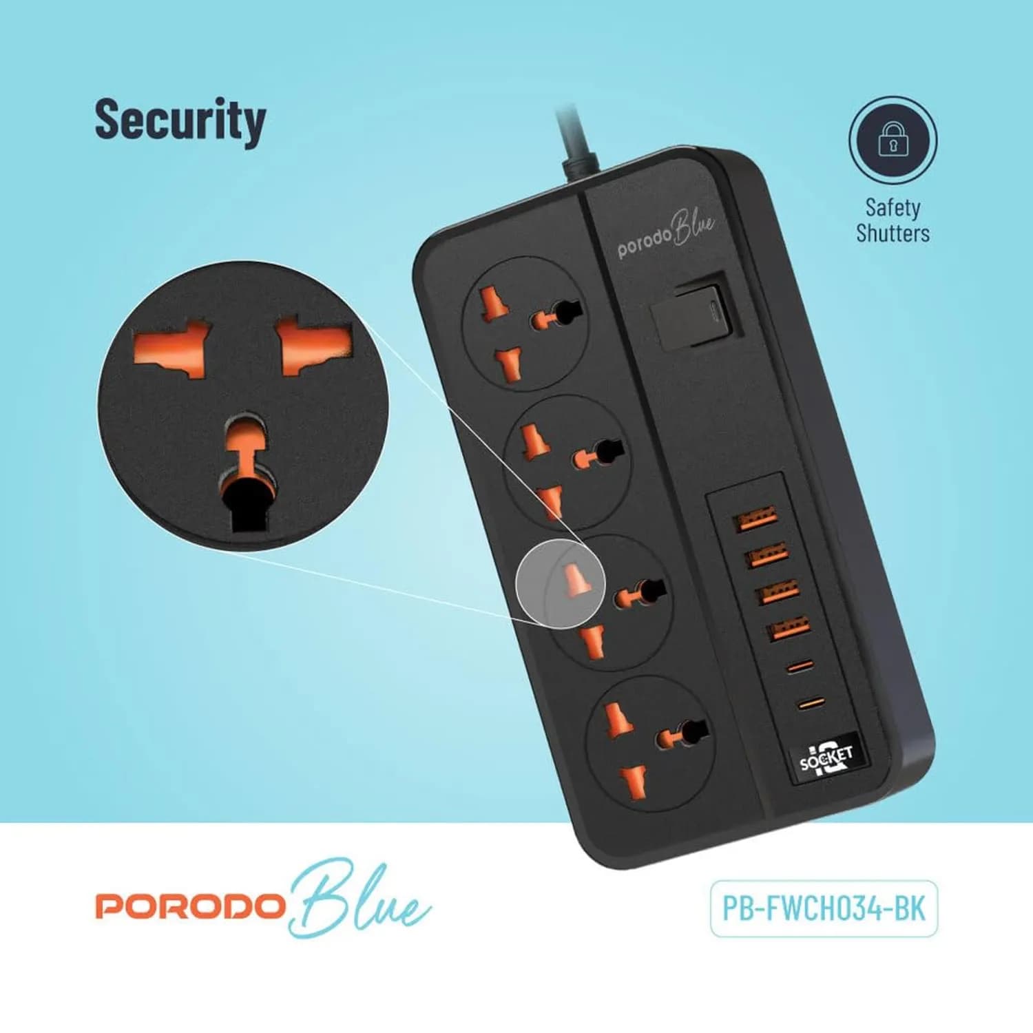Porodo Power Strip - 12 Outlets, Dual Switch, Black 5