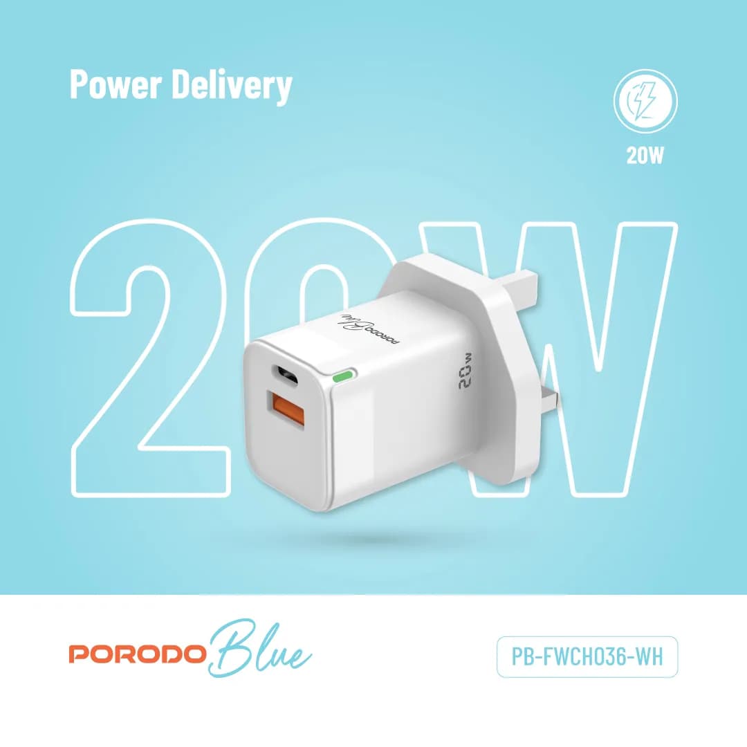 Porodo Blue Ultra-Quick Charger USB-A to USB-C (1m Lightning Cable Inc - White 1 Porodo Blue Ultra-Quick Charger USB-A to USB-C (1m Lightning Cable Inc - White 1