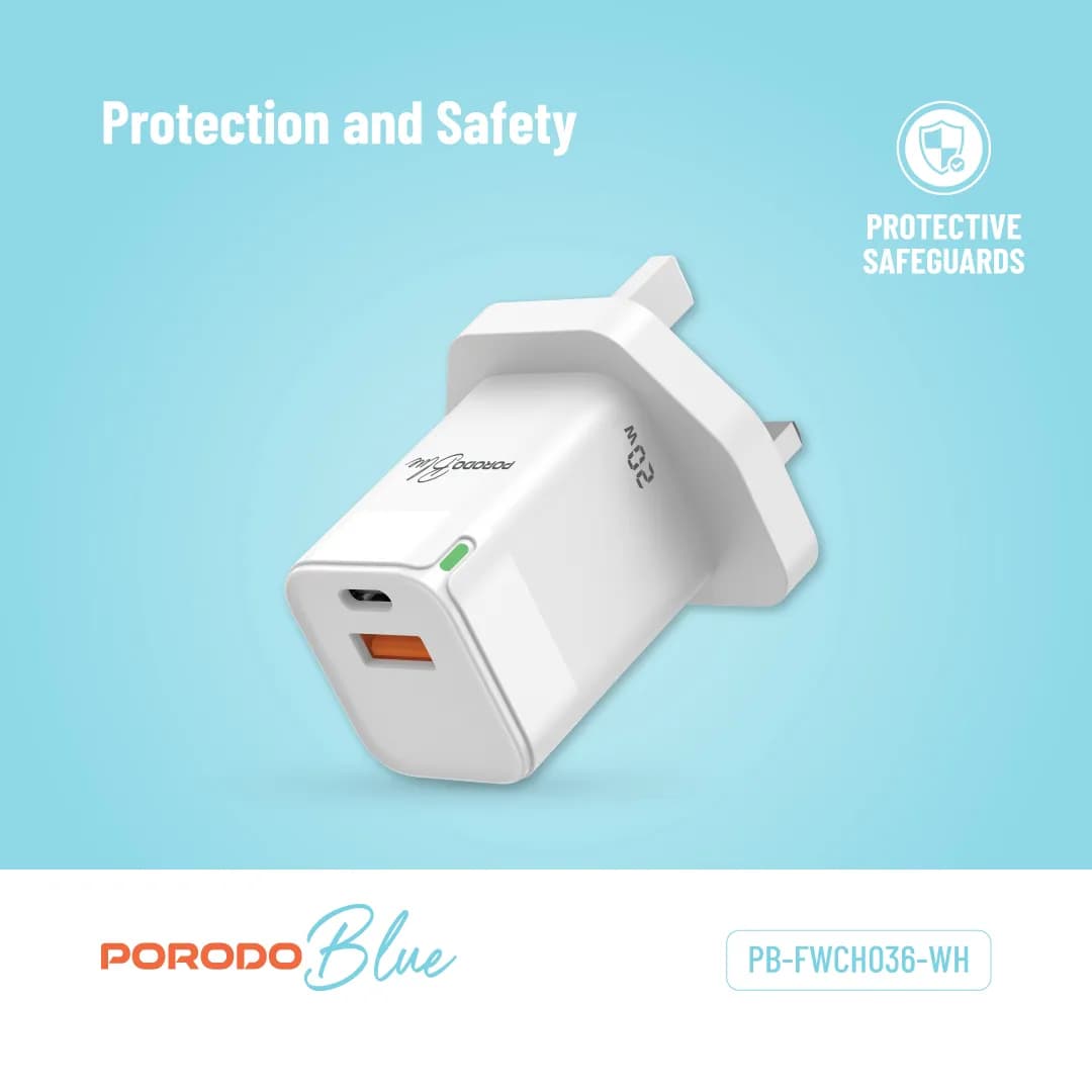 Porodo Blue Ultra-Quick Charger USB-A to USB-C (1m Lightning Cable Inc - White 2