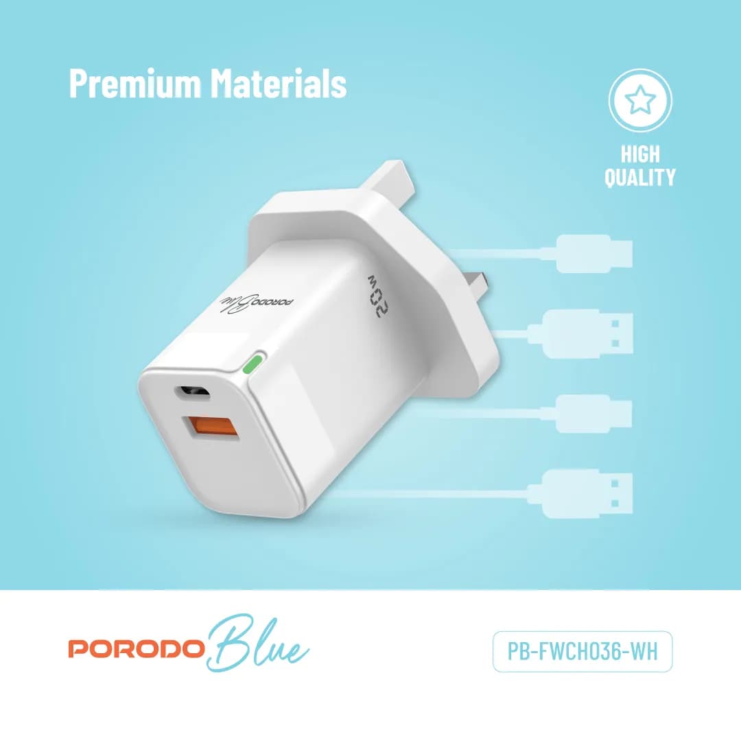 Porodo Blue Ultra-Quick Charger USB-A to USB-C (1m Lightning Cable Inc - White 3
