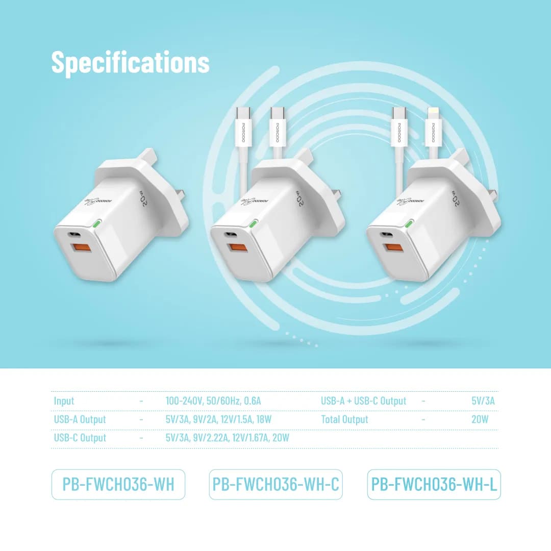 Porodo Blue Ultra-Quick Charger USB-A to USB-C (1m Lightning Cable Inc - White 4