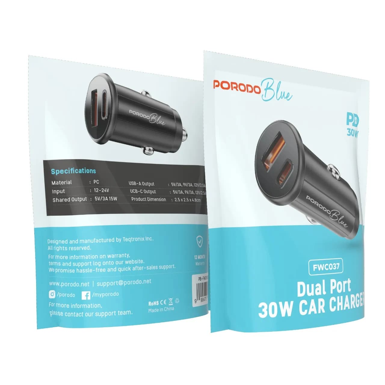 Porodo Blue Dual Port 30W Car Charger with C-L Cable - Black 3