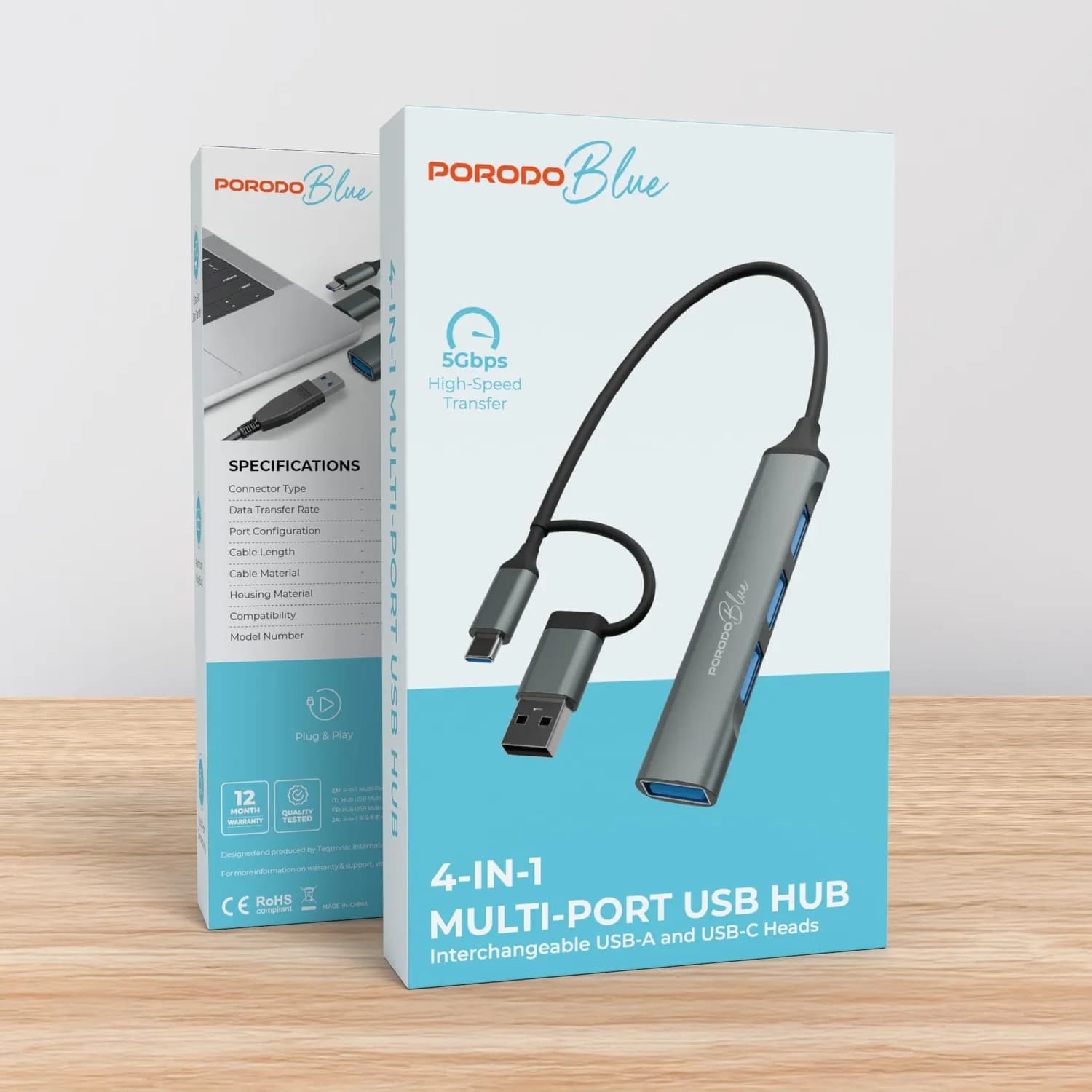 Porodo USB Hub - 4-in-1, USB-A & USB-C, Gray 3