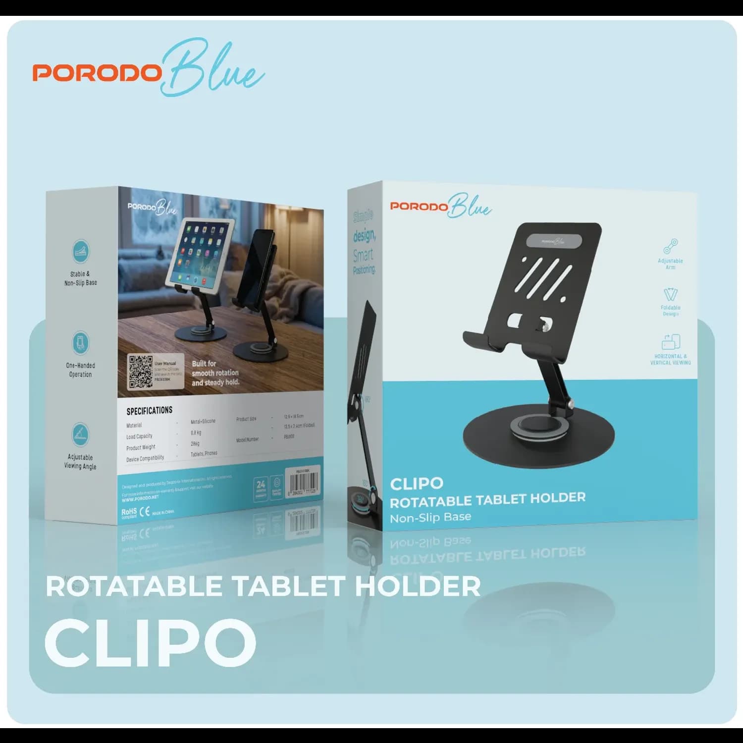 Porodo Tablet Holder - Rotatable, Non-Slip Base, Black 5