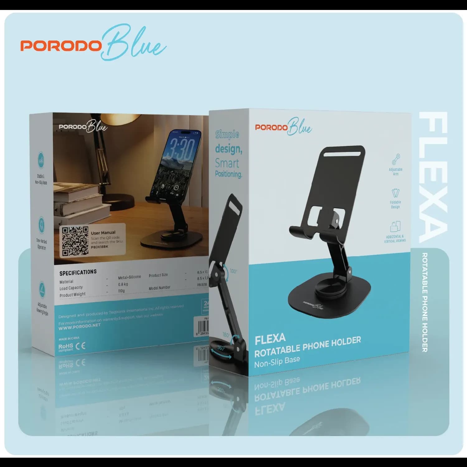 Porodo Phone Holder - Rotatable, Non-Slip Base, Black 5