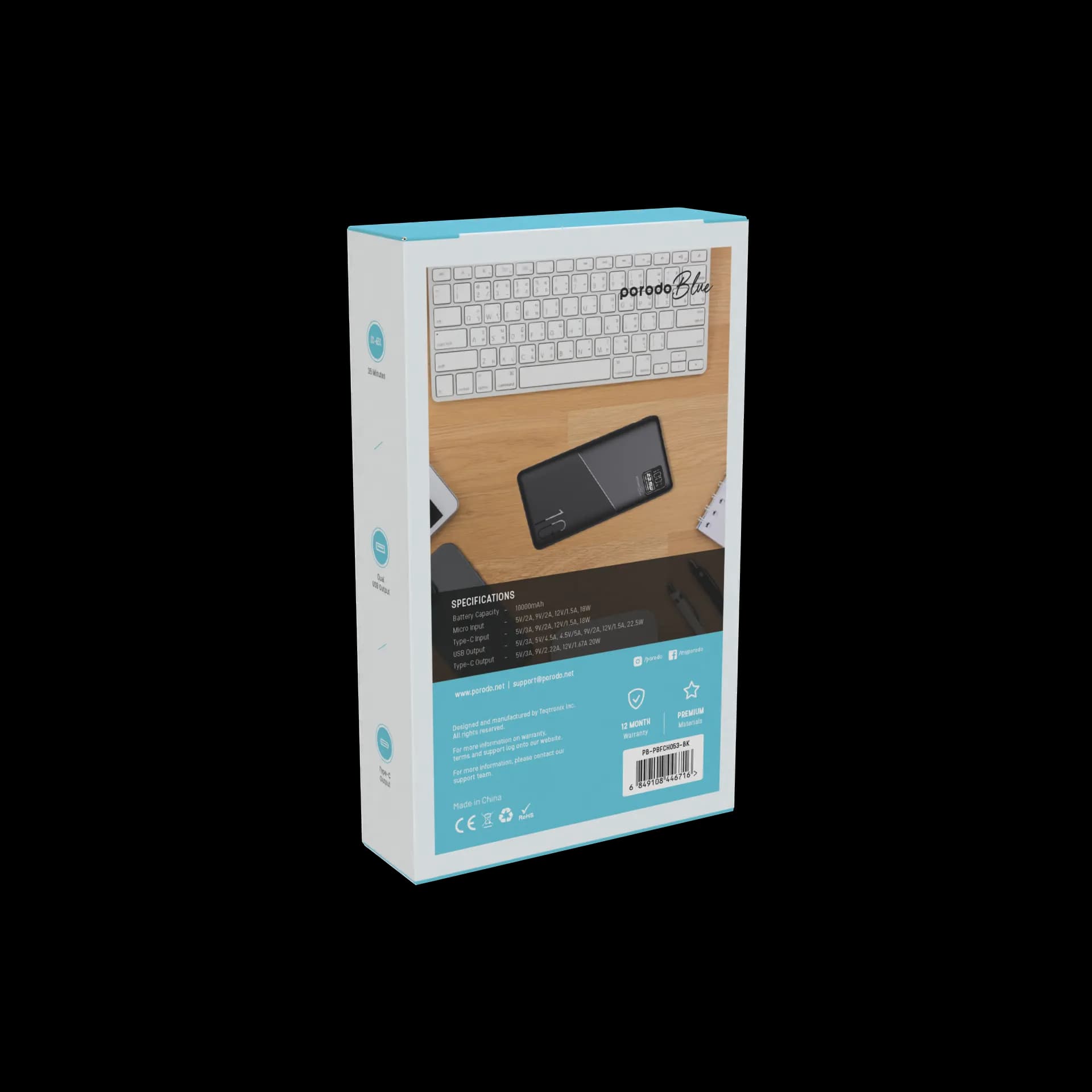 Porodo Blue 10000mAh Quick Charge Power Bank USB-A and USB-C Output — Black 3