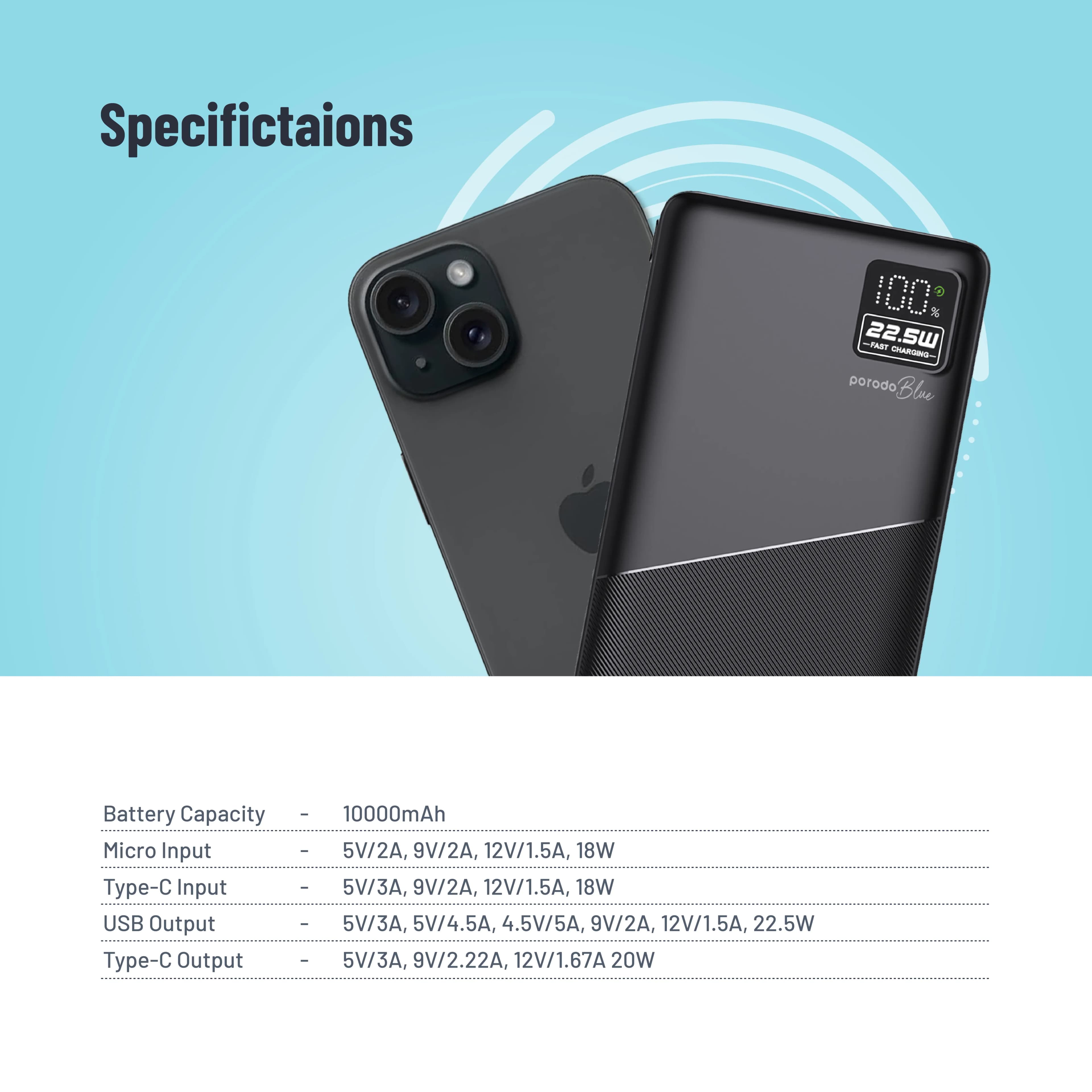 Porodo Blue 10000mAh Quick Charge Power Bank USB-A and USB-C Output — Black 5