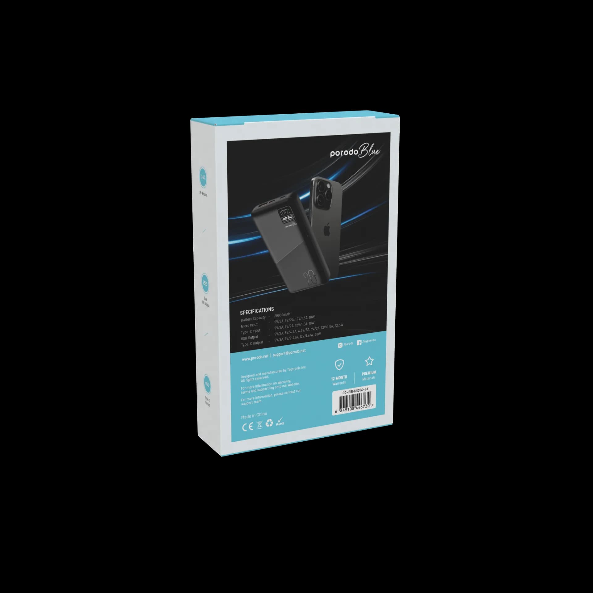 Porodo Blue 20000mAh Quick Charge Power Bank USB-A and USB-C Output — Black 3