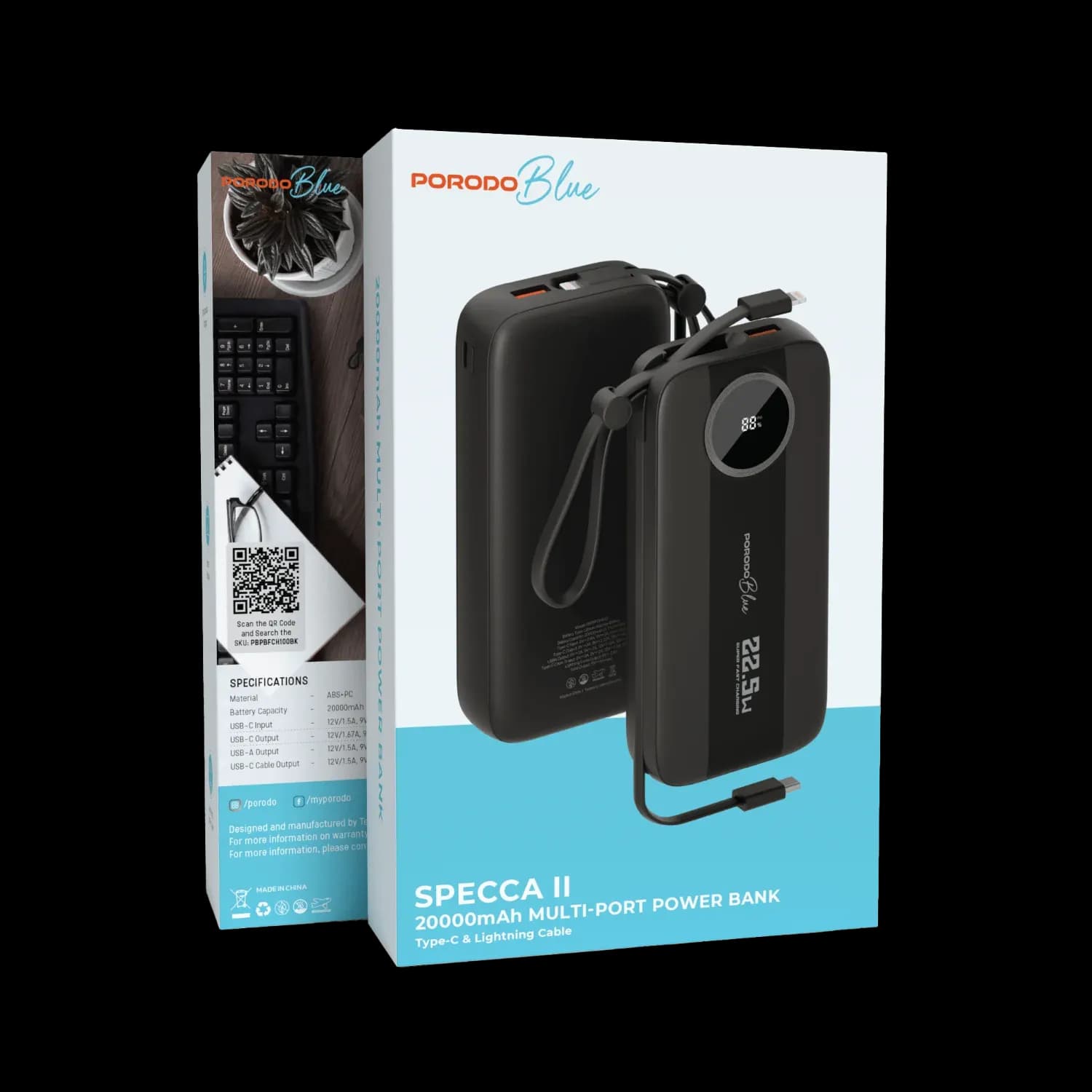 Porodo Power Bank Blue Specca II - 20000mAh, Type-C & Lightning, Black 3