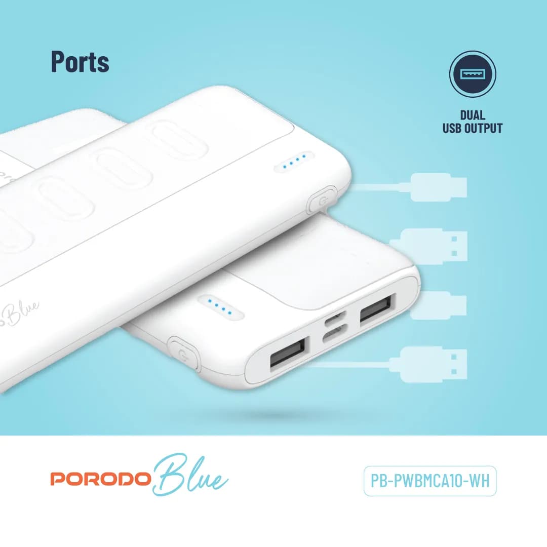 Porodo Power Bank PB-PWBMCA10-WH - 10000mAh Slim Dual USB-A, White 3