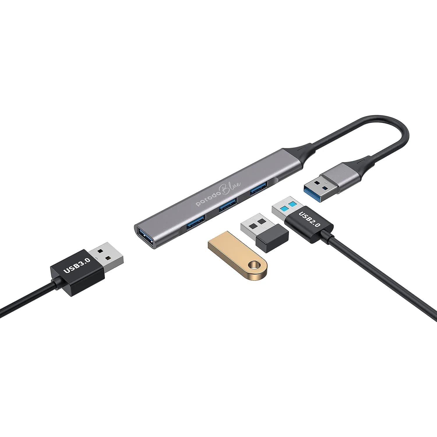 Porodo Blue 4 in1 USB-A Hub to 1 x USB-A 3.0 5Gbps and 3 x USB- A 2.0 4