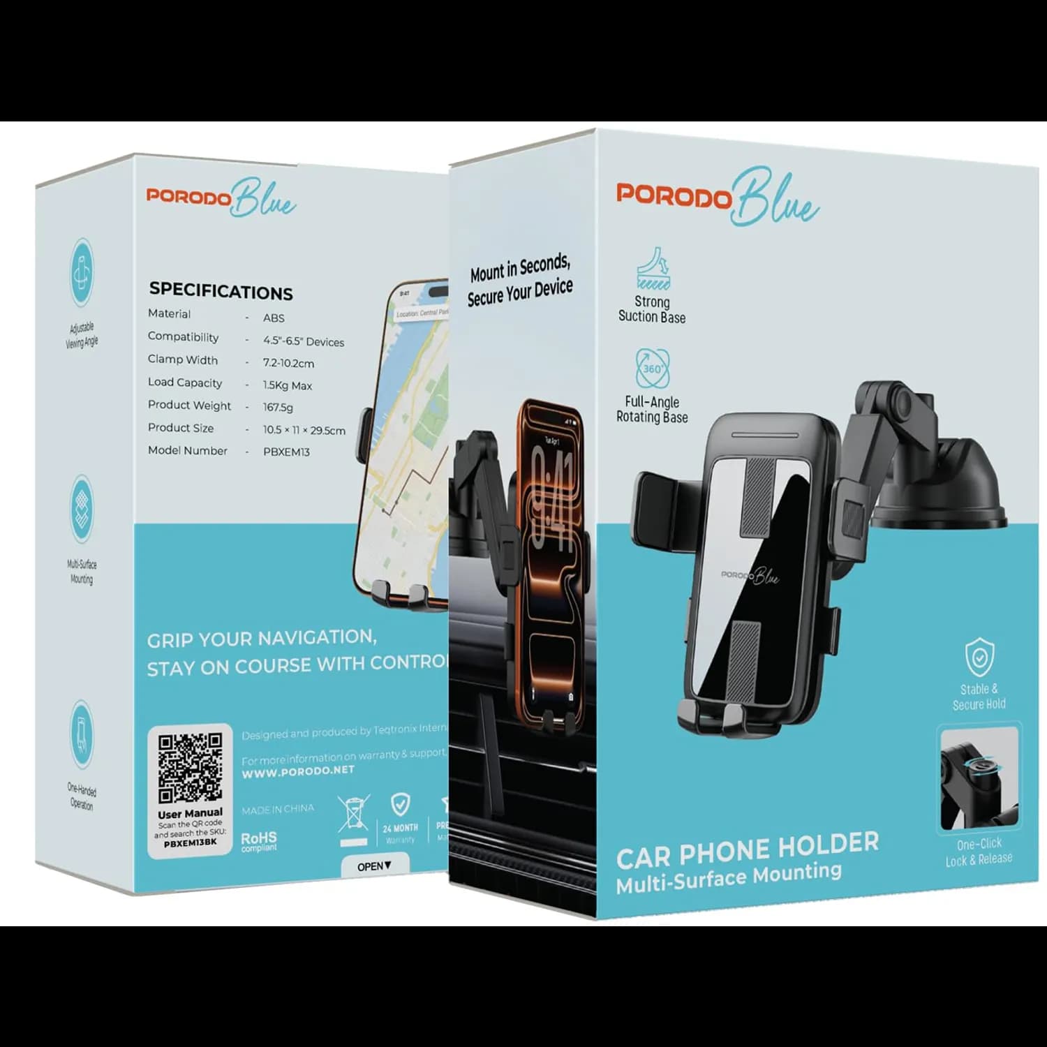 Porodo Car Phone Holder - Foldable, Strong Suction, Black 5