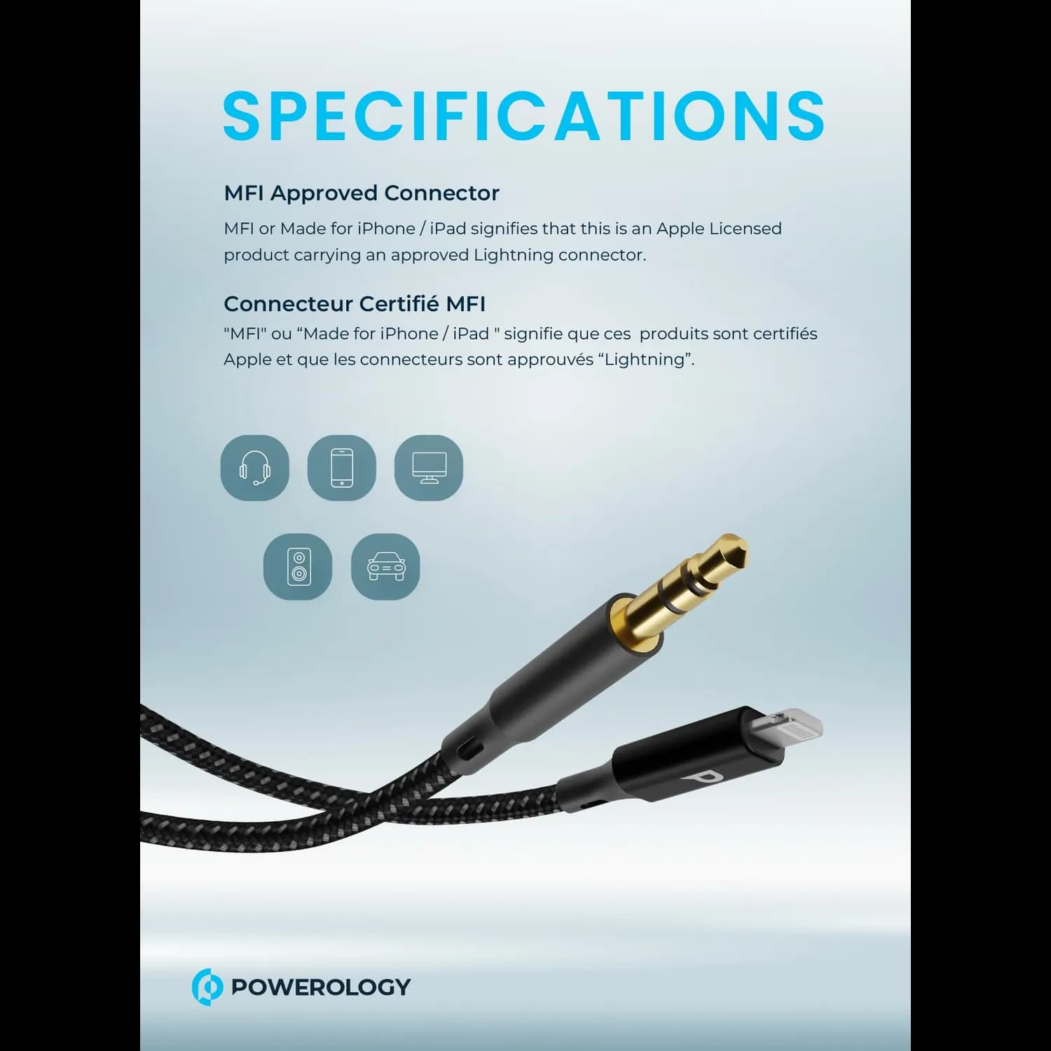 Powerology AUX to Lightning Cable - Braided, MFi Certified, 1.2m 5