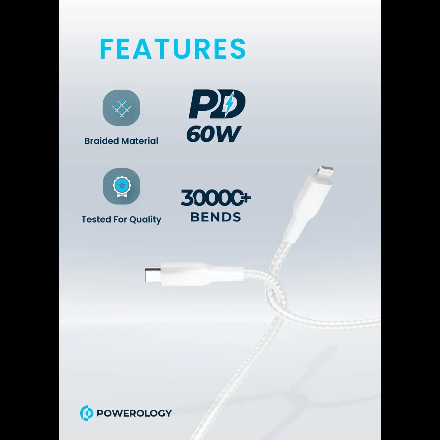 Powerology USB-C to Lightning Cable - Braided 30cm White — Black 3