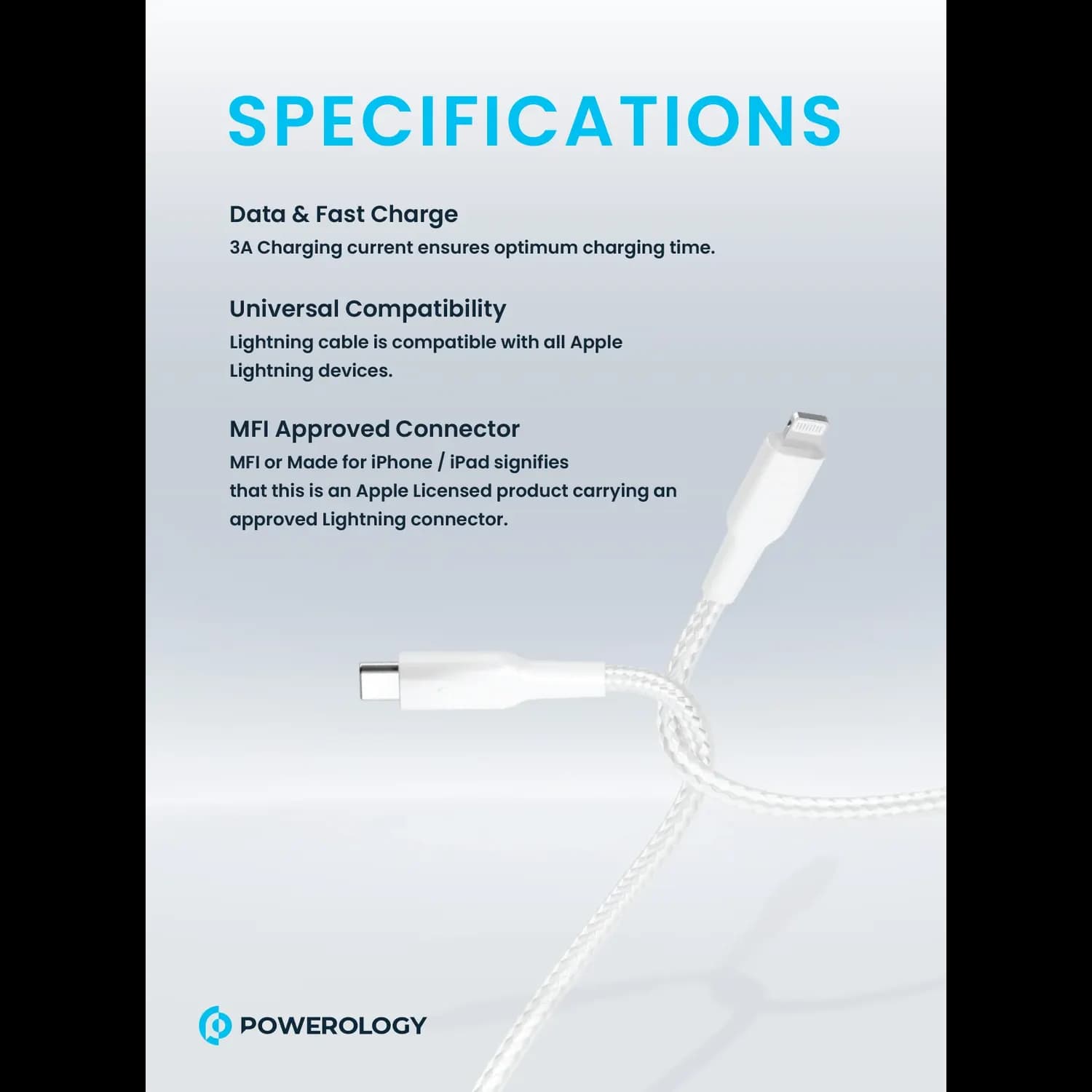 Powerology USB-C to Lightning Cable - Braided 30cm White — Black 4