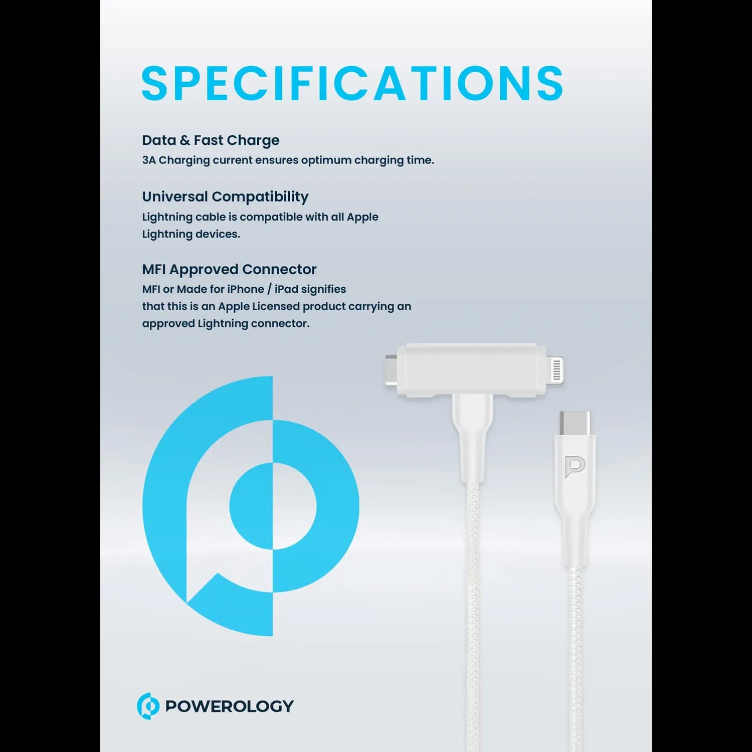 Powerology Braided USB-C to USB-C + Lightning Cable - 60W PD, White — Black 5