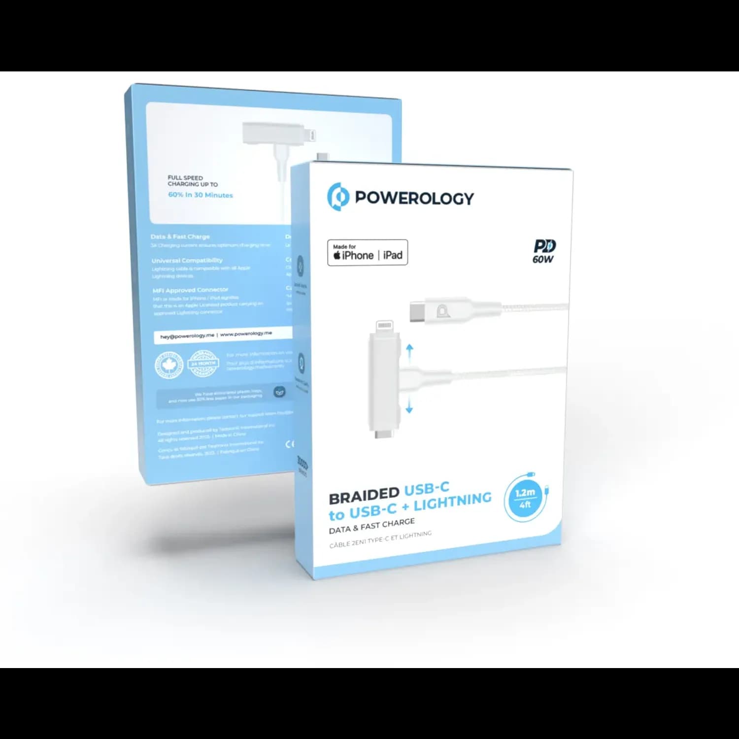 Powerology Braided USB-C to USB-C + Lightning Cable - 60W PD, White — Black 6