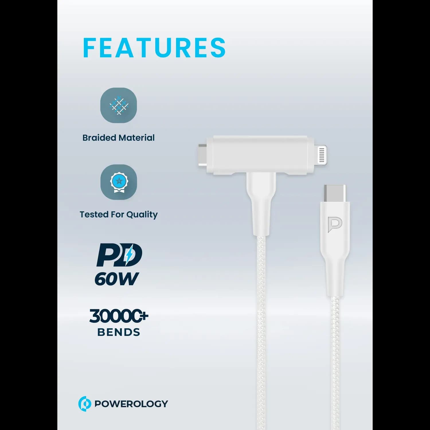 Powerology Braided USB-C to USB-C + Lightning Cable - 60W PD, White — Black 2