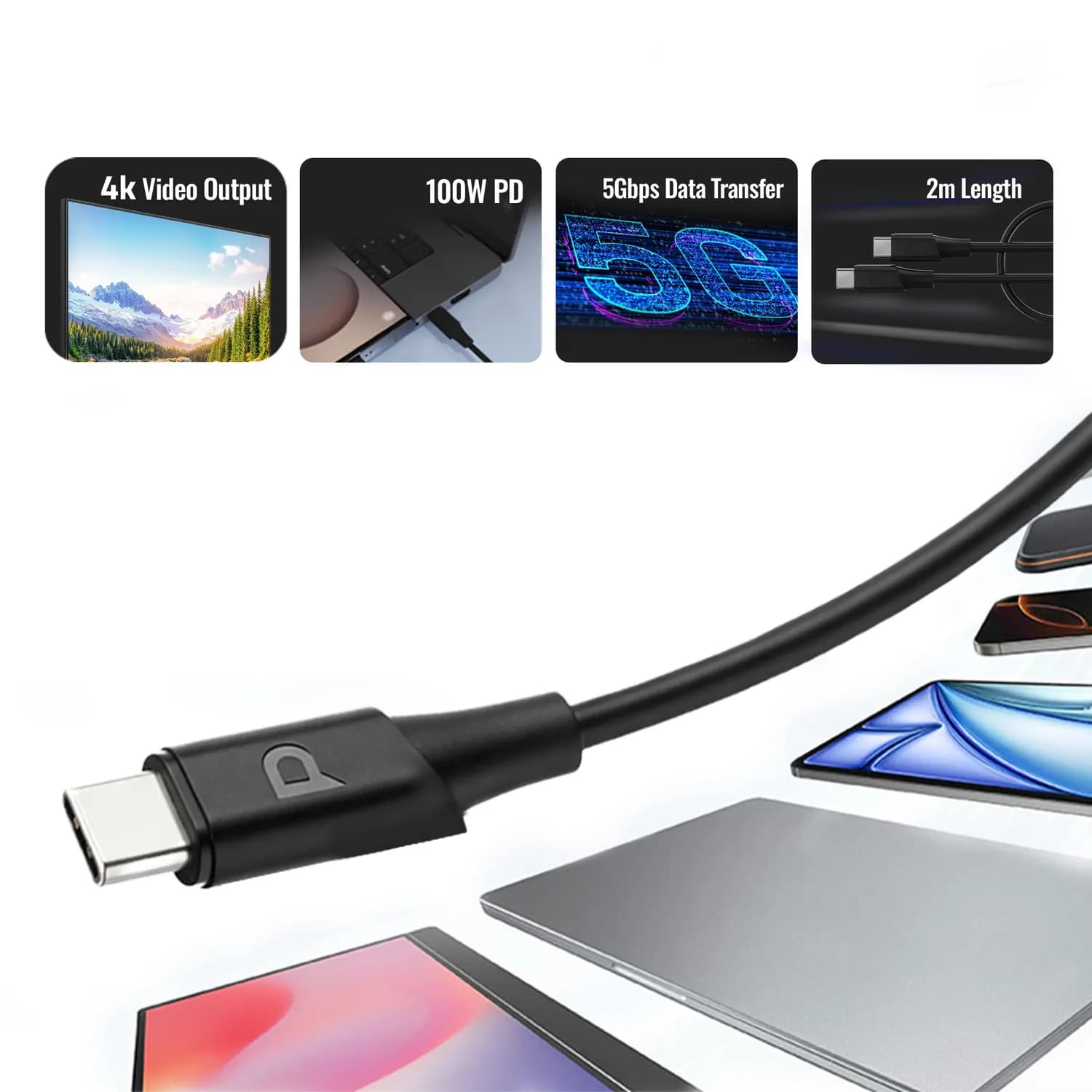 Powerology USB-C Cable - 100W PD, 2M, Black 3