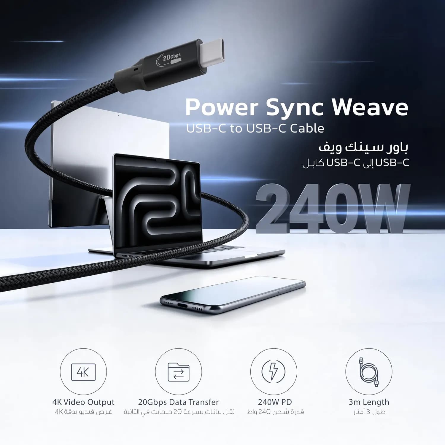 Powerology USB-C Cable - 100W PD, 10Gbps, Gray 3