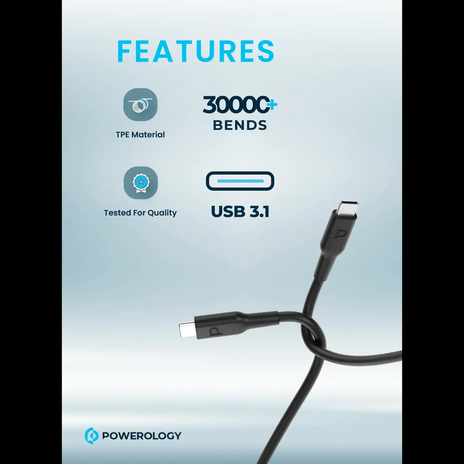 Powerology USB-C to USB-C Cable - 100W Fast Charge, Black 4