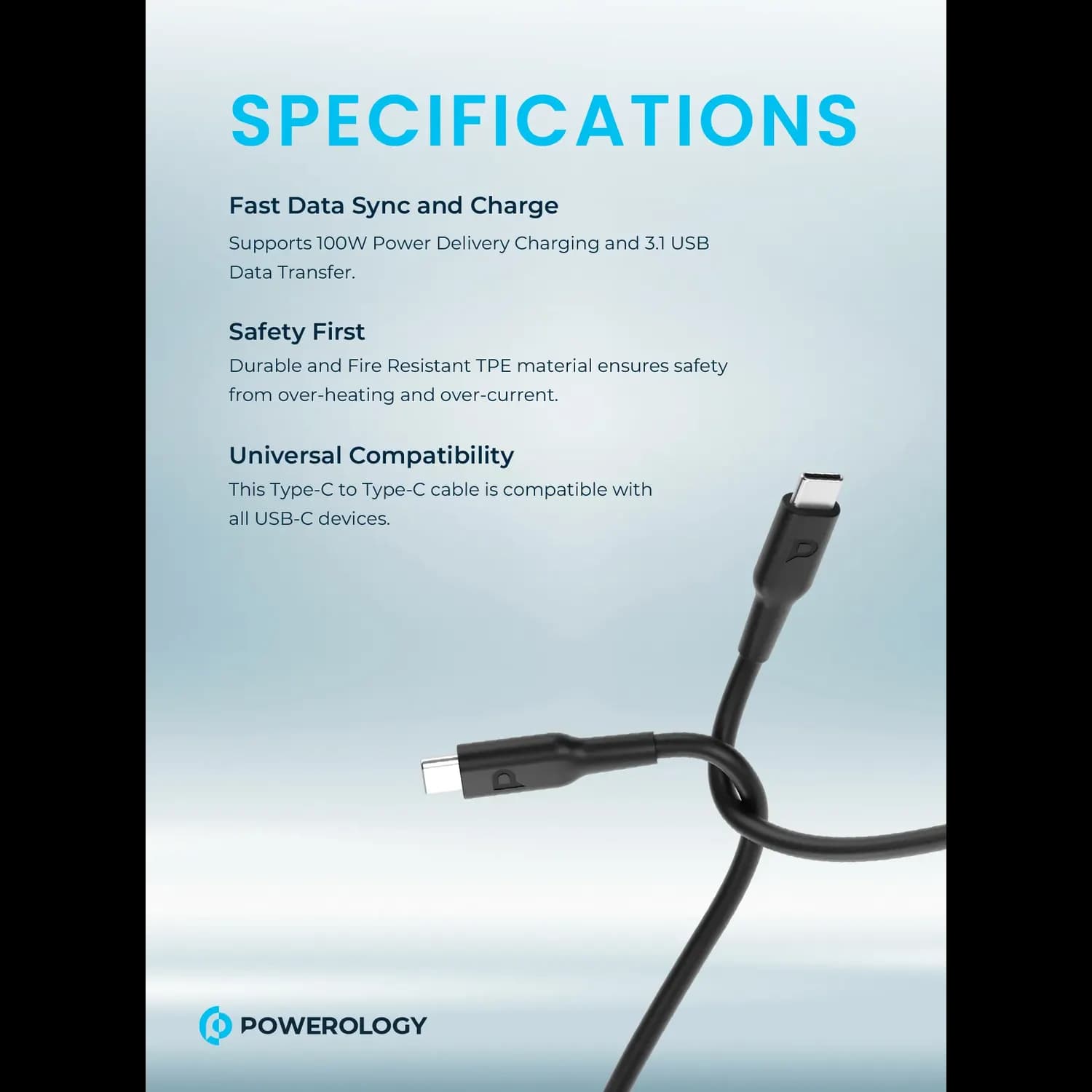 Powerology USB-C to USB-C Cable - 100W Fast Charge, Black 5
