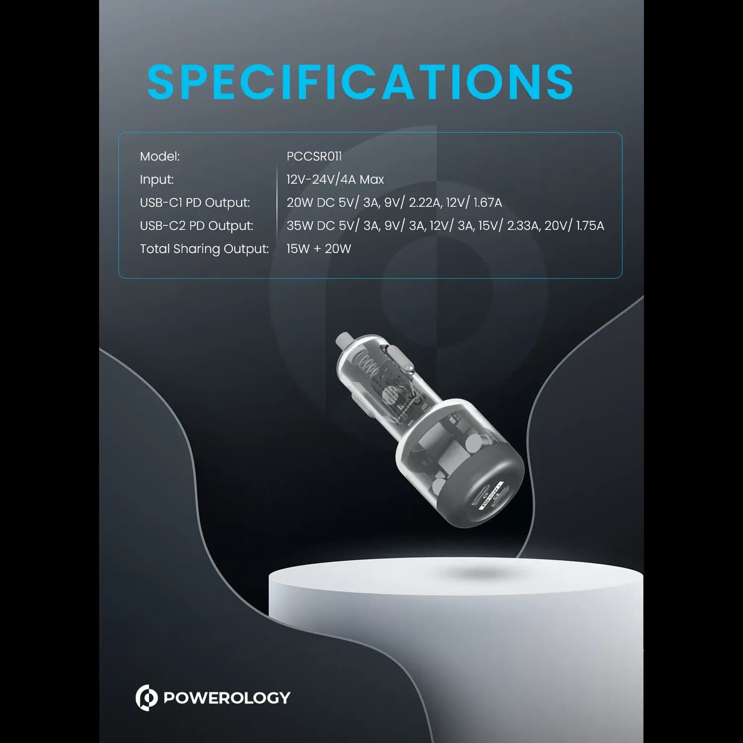 Powerology Car Charger Crystalline Series - 35W Dual PD, Transparent 4