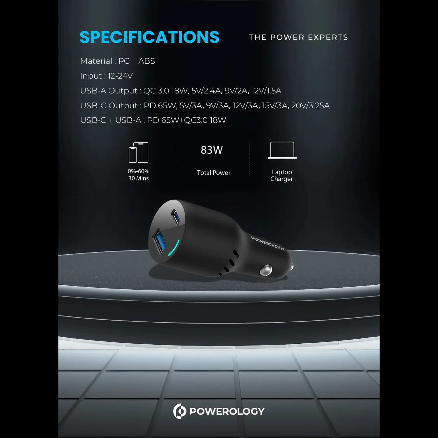 Powerology Car Charger - 83W Dual Port, Black 3
