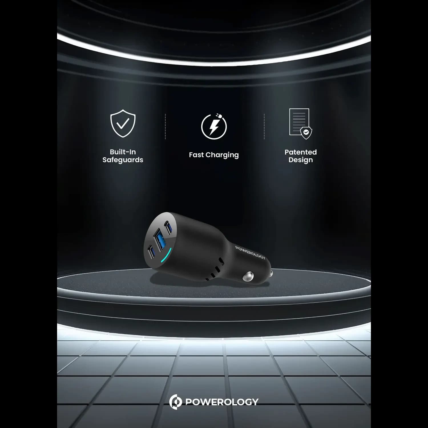 Powerology Car Charger - 85W Triple Ports, Black 3