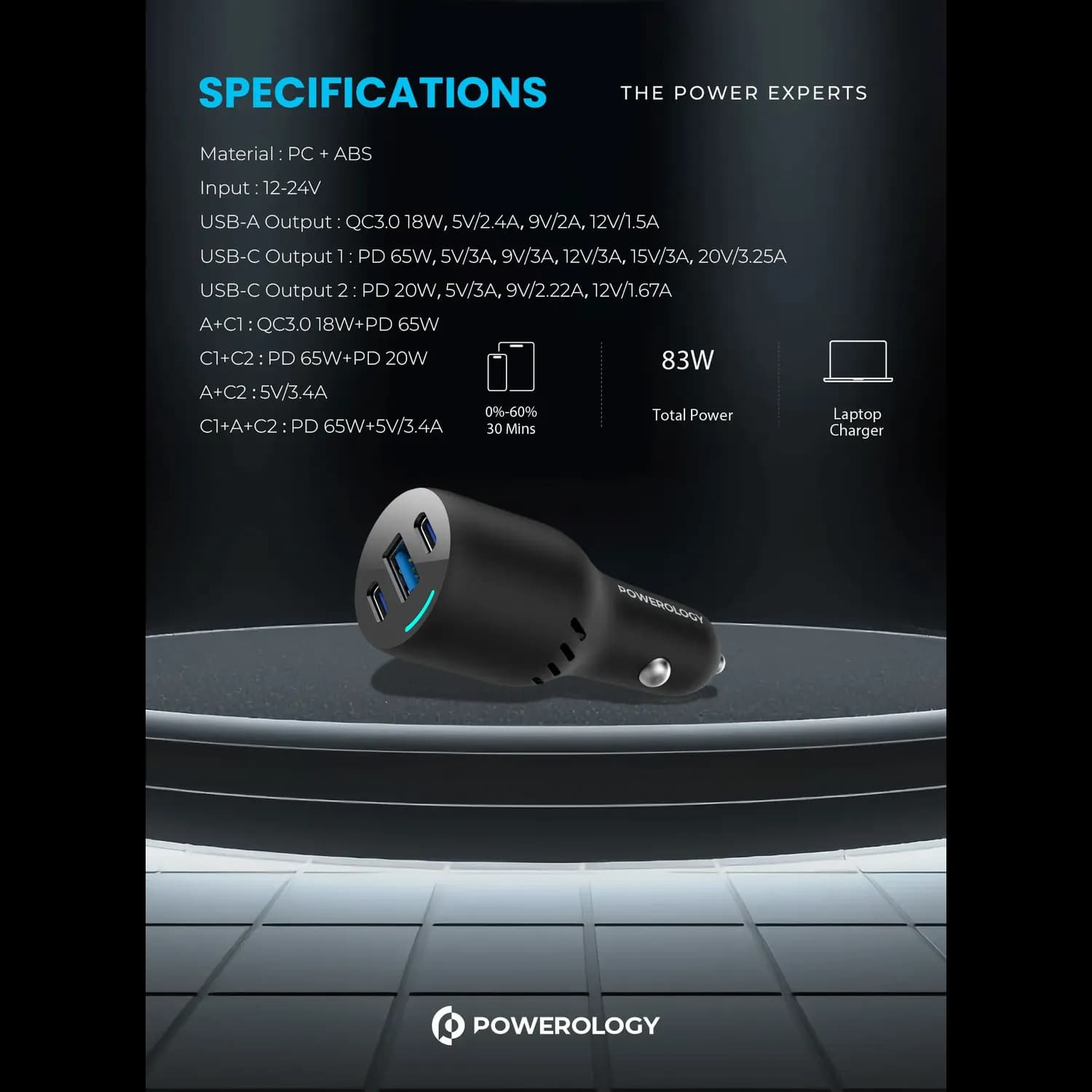 Powerology Car Charger - 85W Triple Ports, Black 5